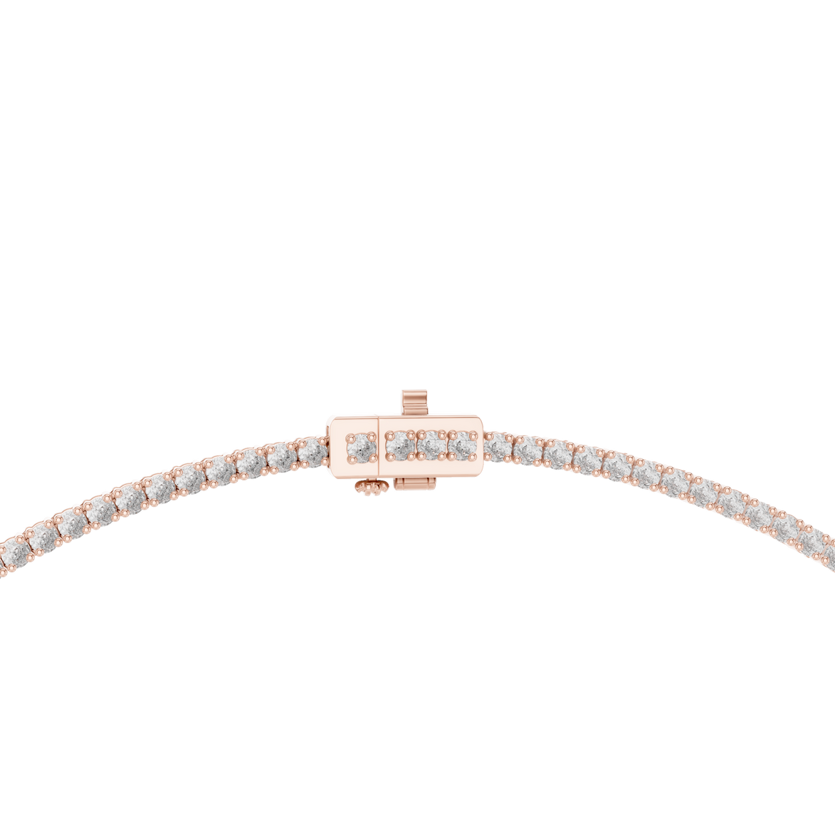 Rose gold bracelet with clear gemstones on a white background