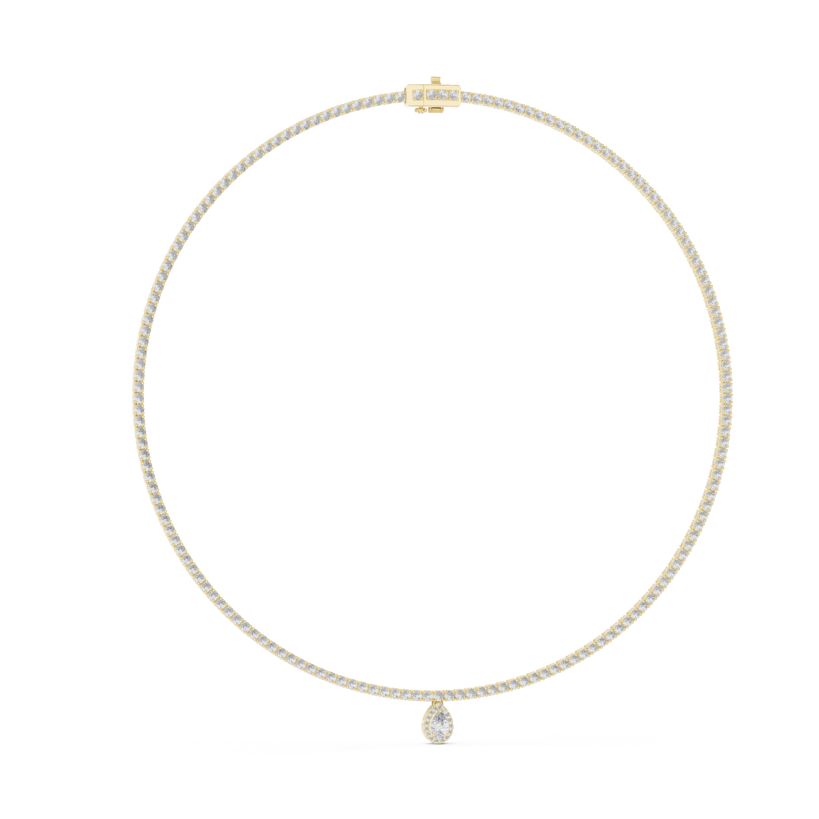 Pearl necklace with a small diamond pendant on a white background
