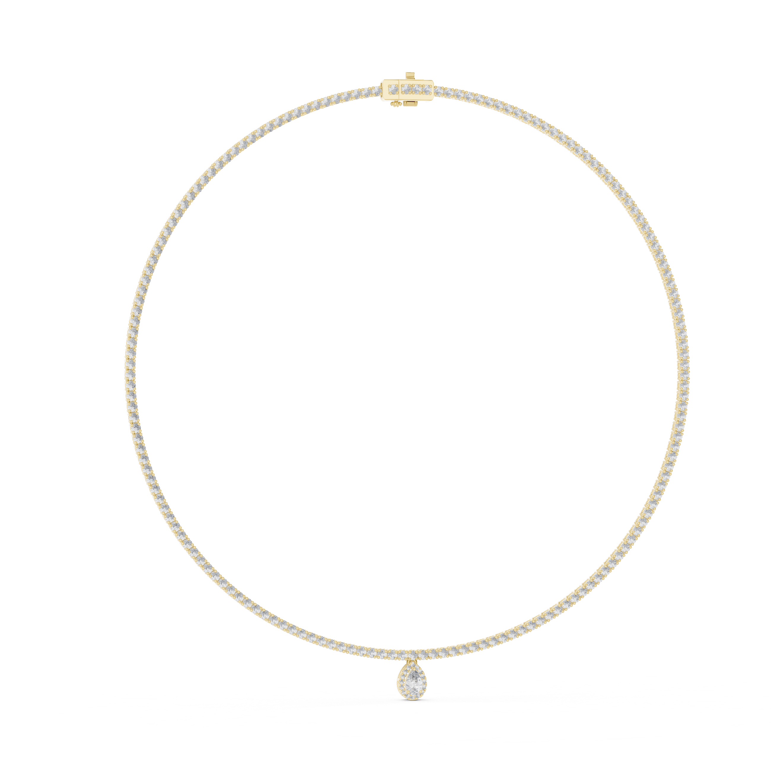 Pearl necklace with a small diamond pendant on a white background