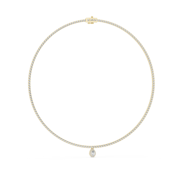 Pearl necklace with a small diamond pendant on a white background