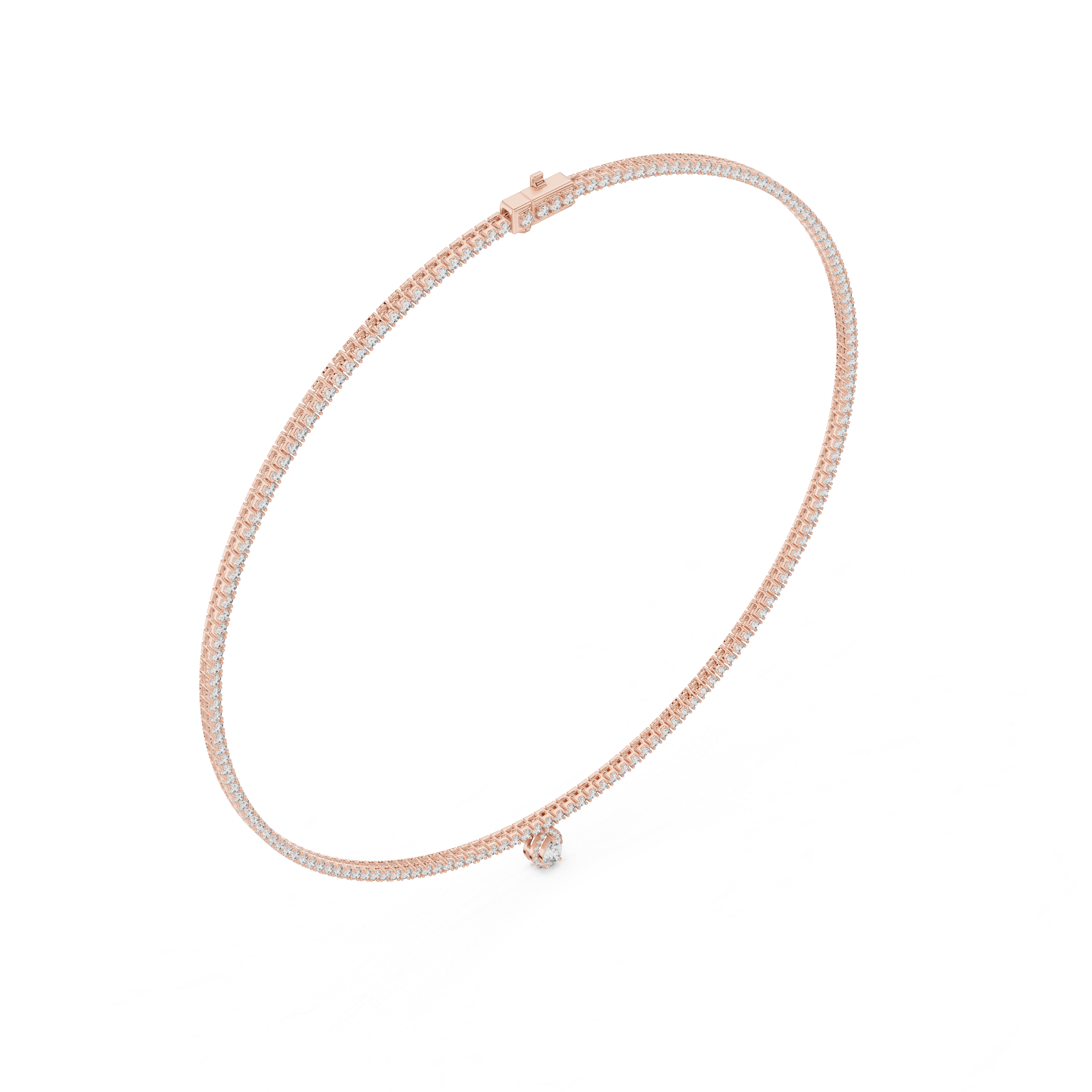 Gold necklace with a small round pendant on a white background