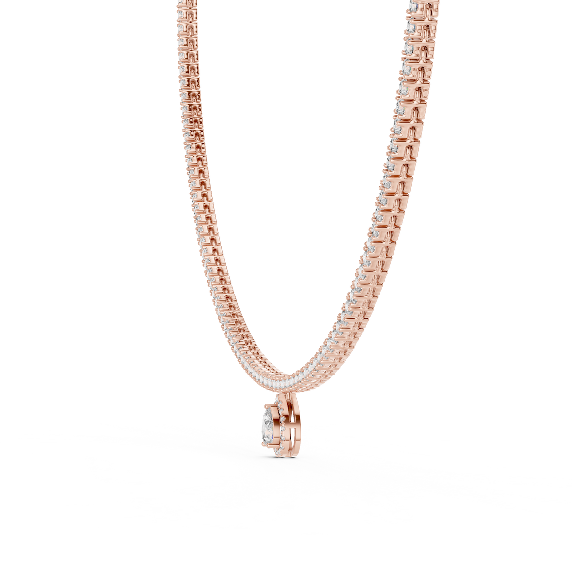 Rose gold necklace with a pendant on a white background