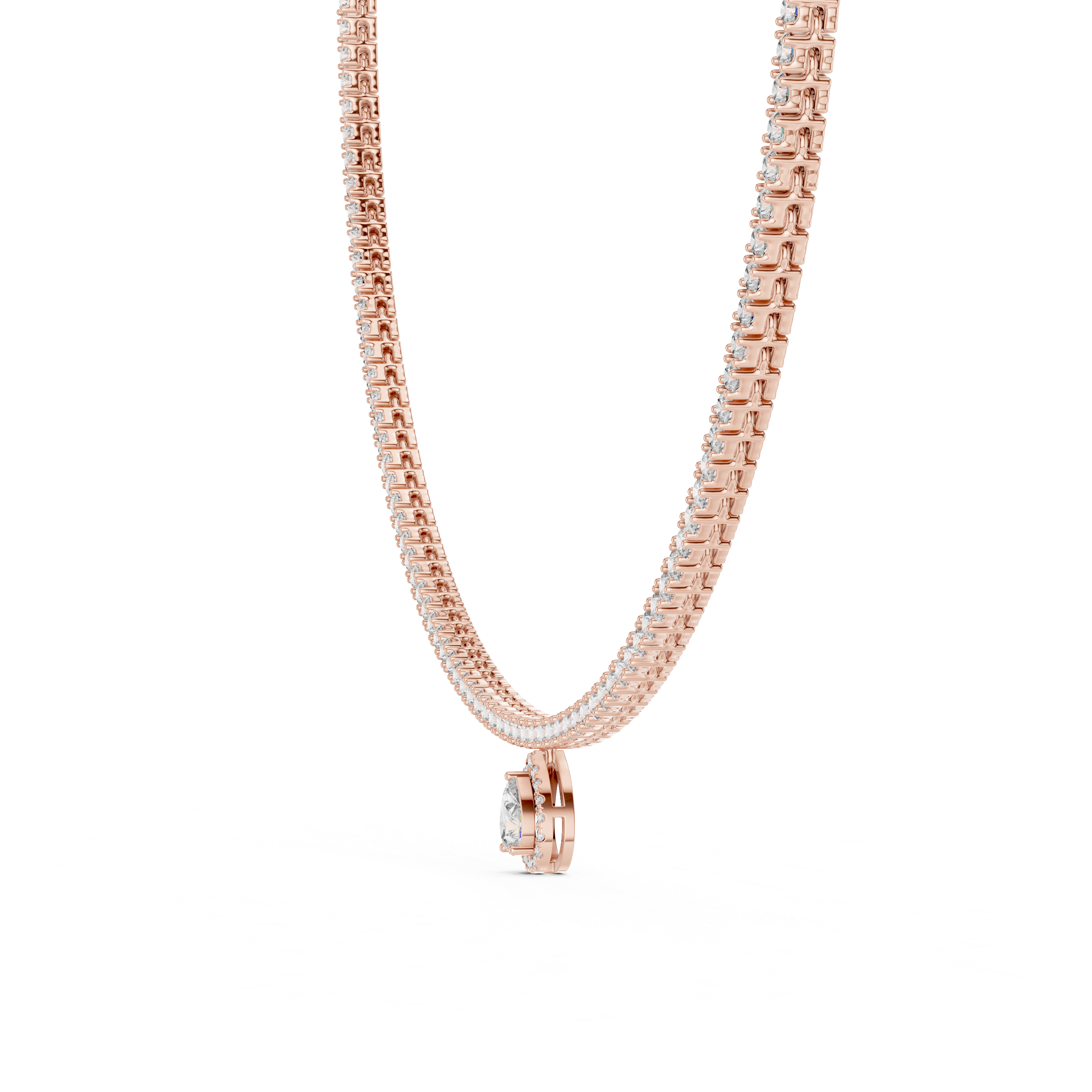 Rose gold necklace with a pendant on a white background