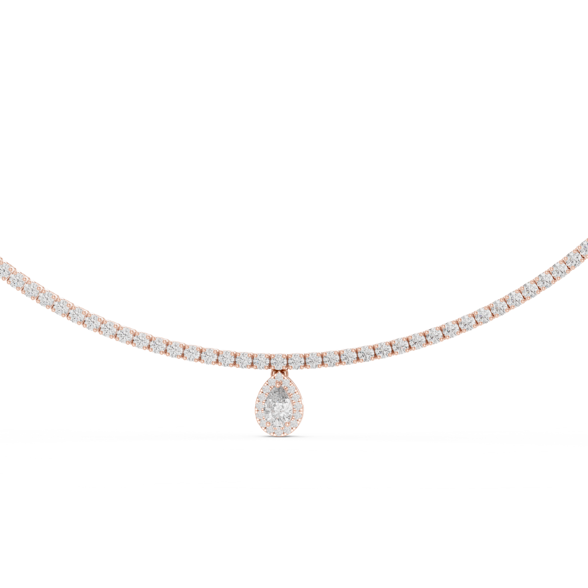 Rose gold necklace with a teardrop pendant on a white background