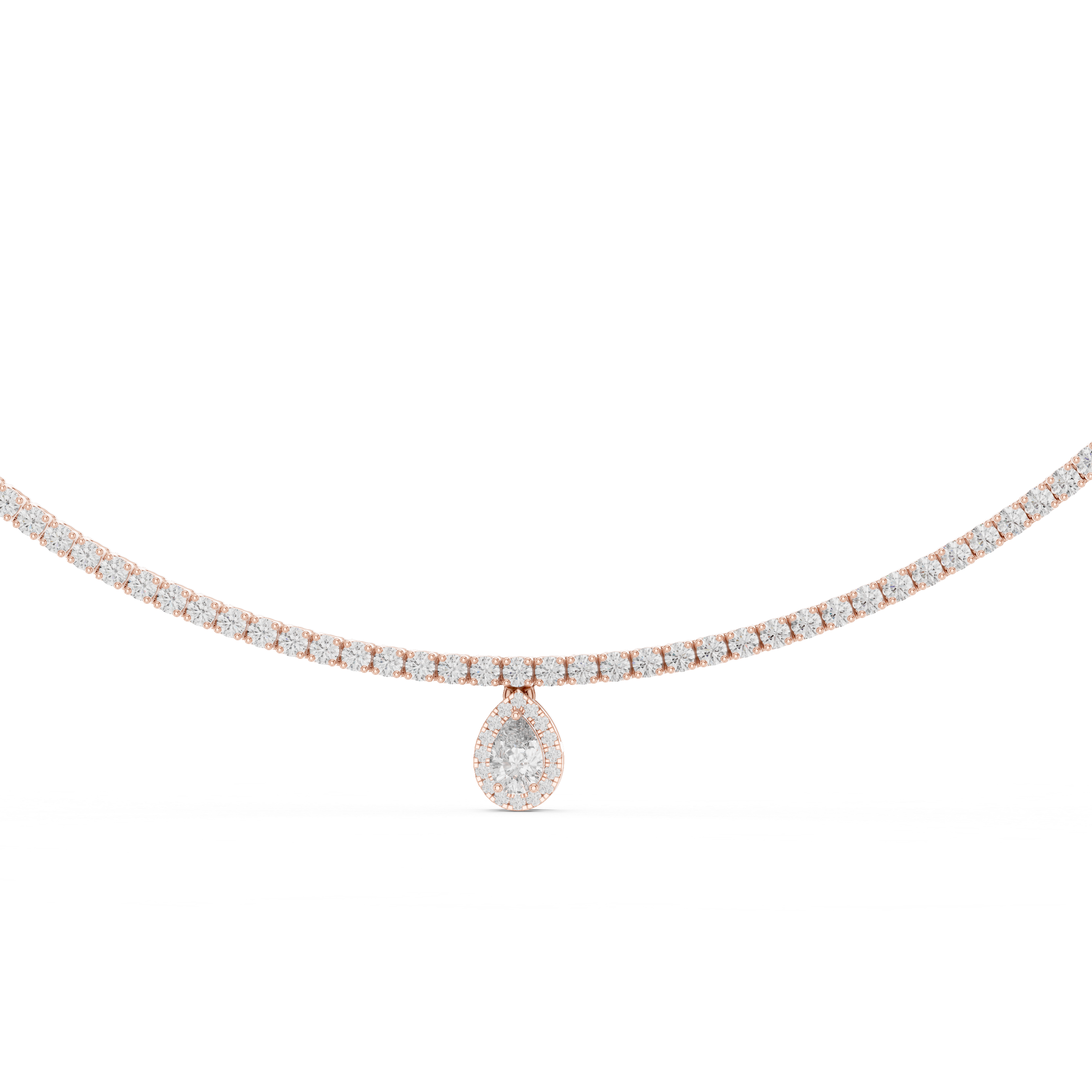 Rose gold necklace with a teardrop pendant on a white background