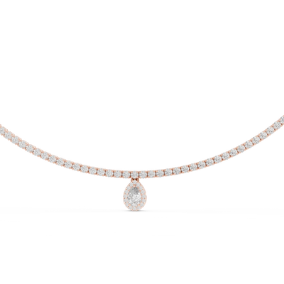 Rose gold necklace with a teardrop pendant on a white background