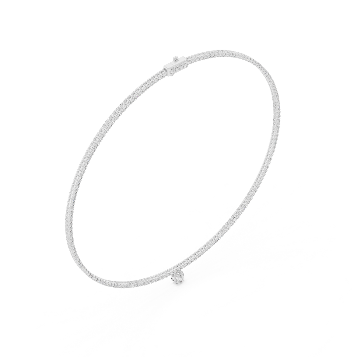 Gold necklace with a small round pendant on a white background