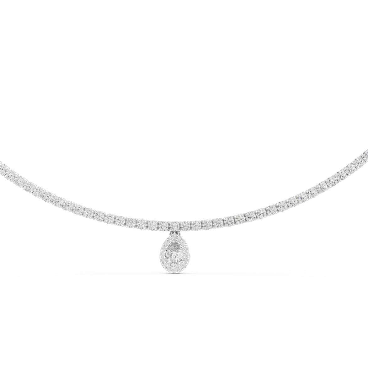 Diamond necklace with a teardrop pendant on a white background