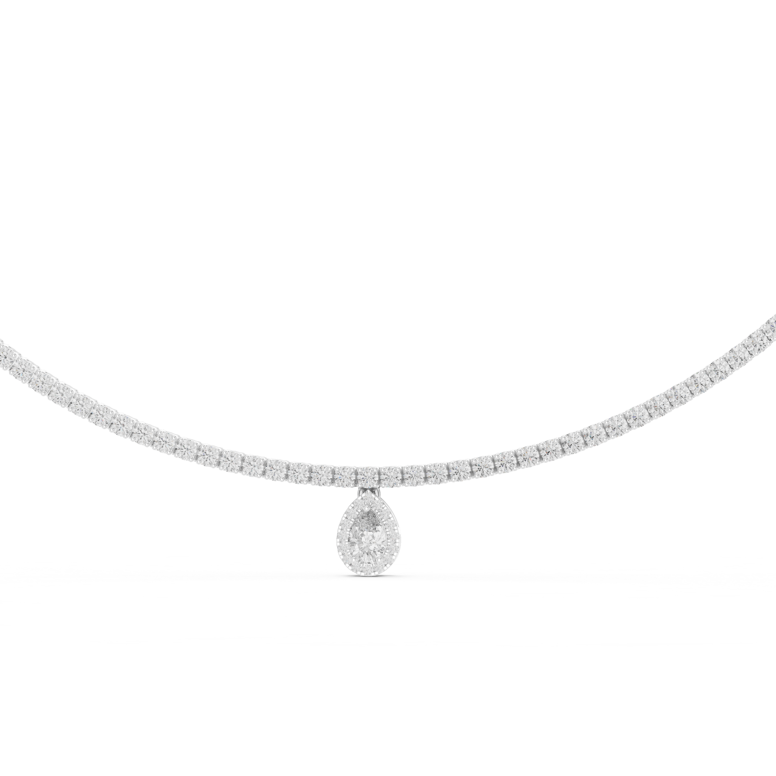 Diamond necklace with a teardrop pendant on a white background