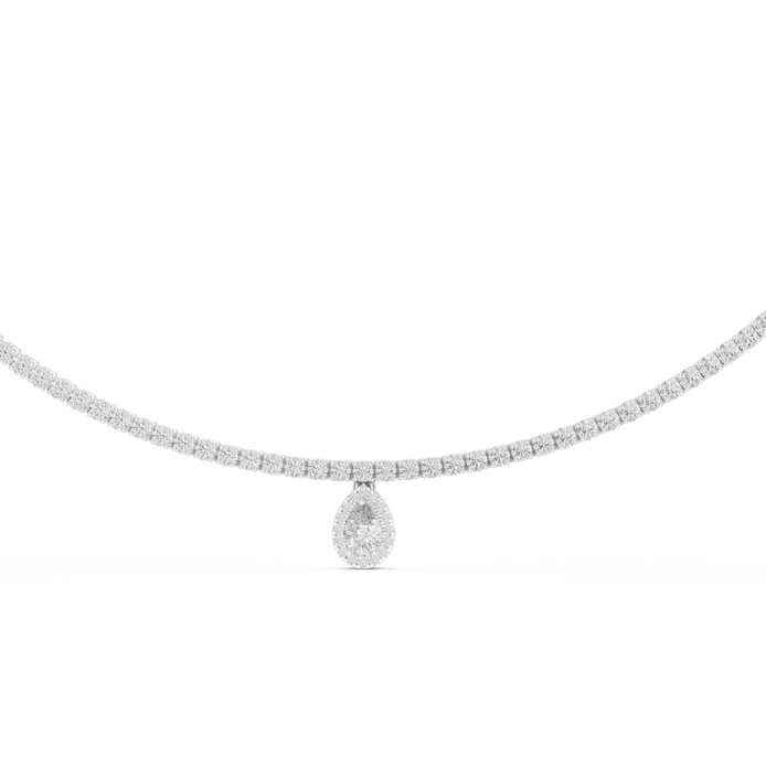 Diamond necklace with a teardrop pendant on a white background