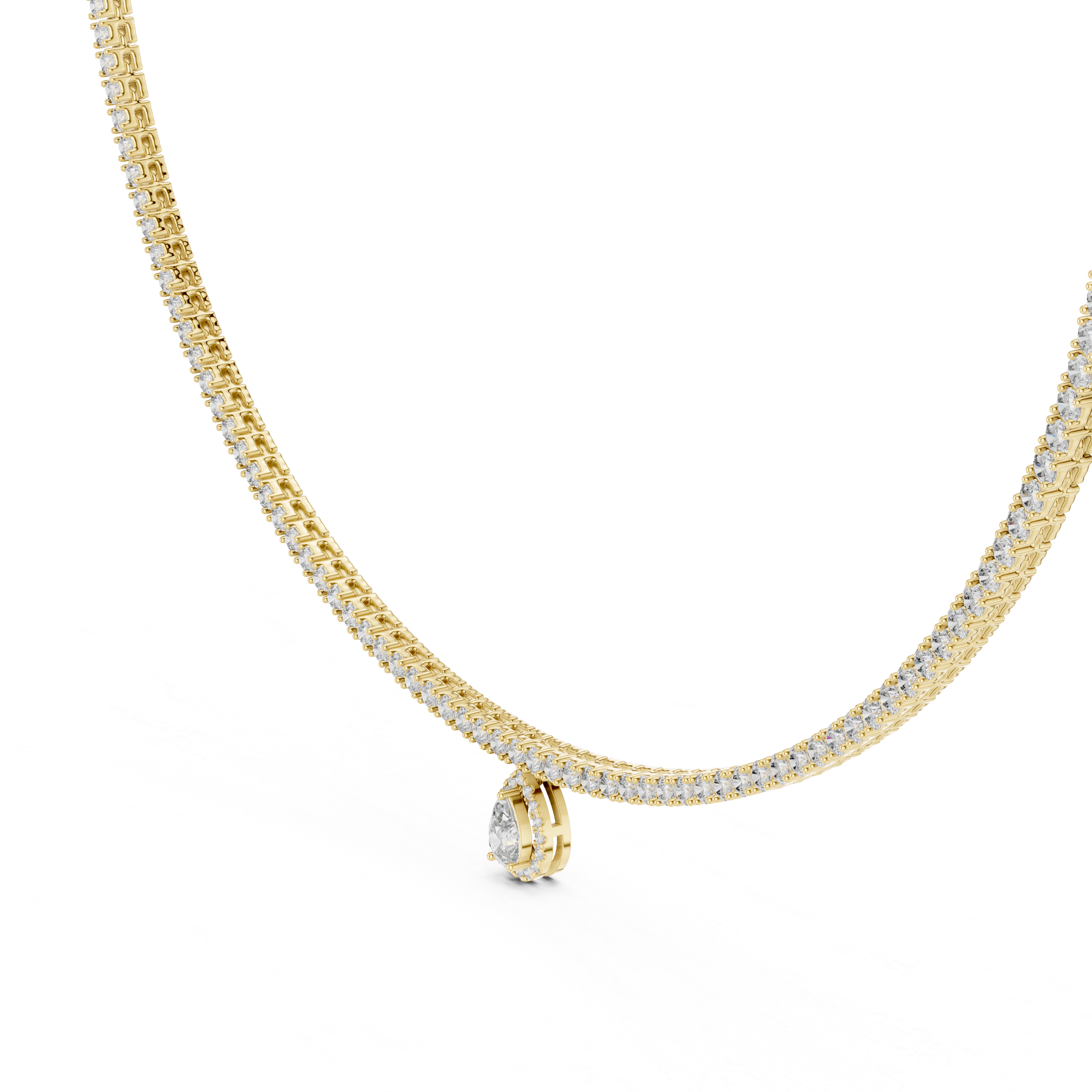 Gold necklace with a small round pendant on a white background