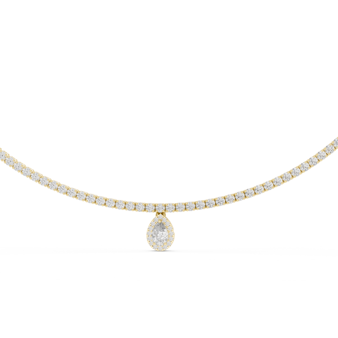 Gold necklace with a teardrop pendant on a white background