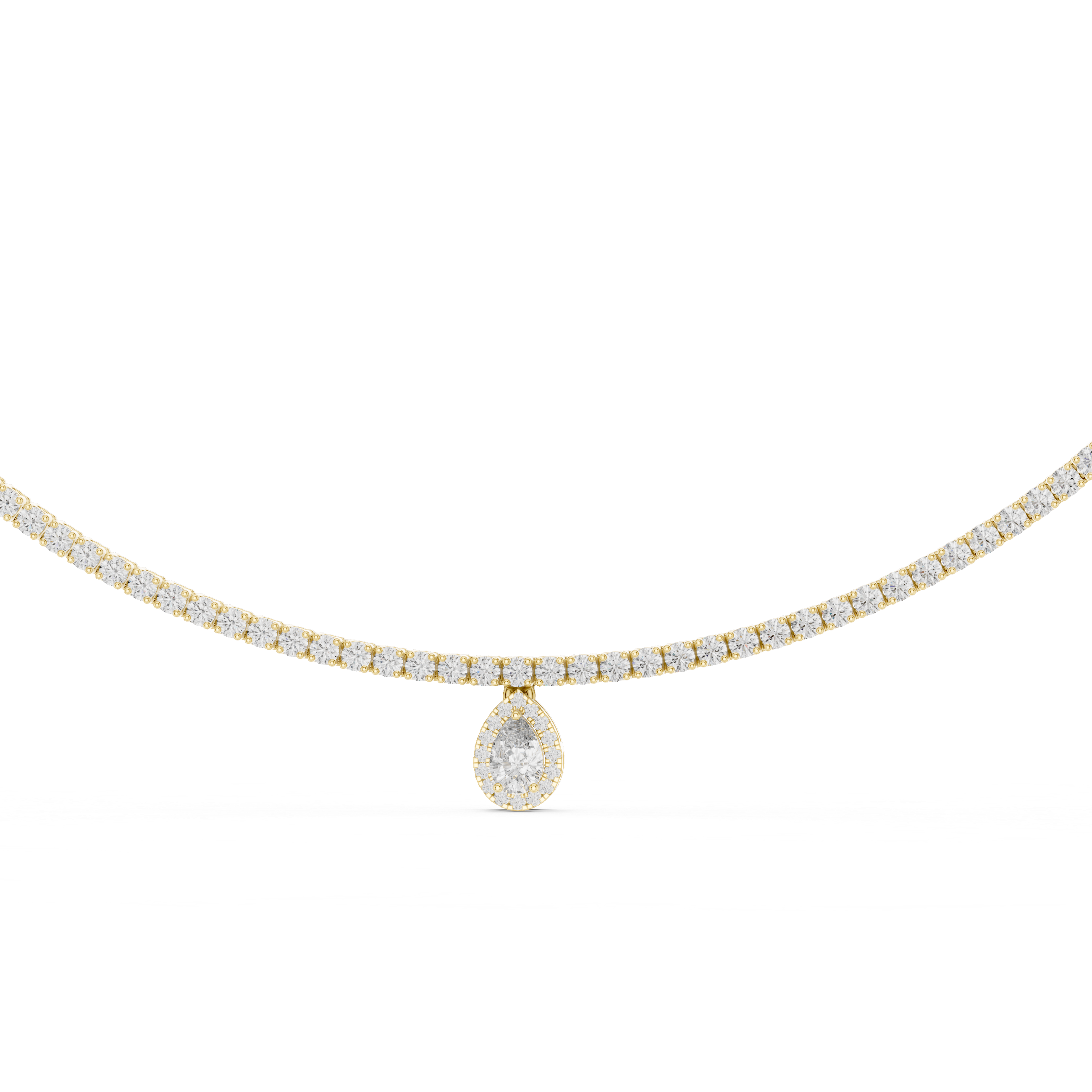Gold necklace with a teardrop pendant on a white background