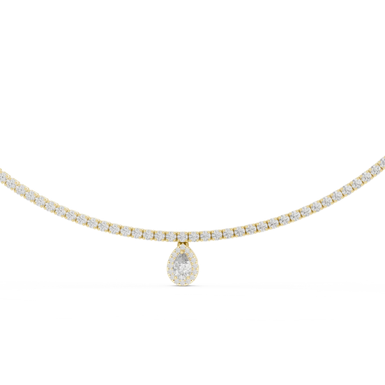 Gold necklace with a teardrop pendant on a white background
