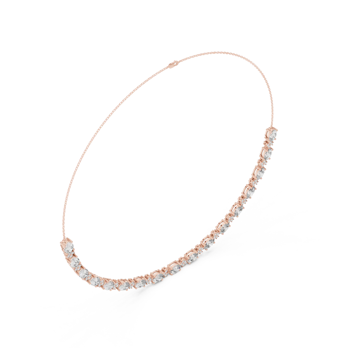Gold necklace with clear stones on a white background