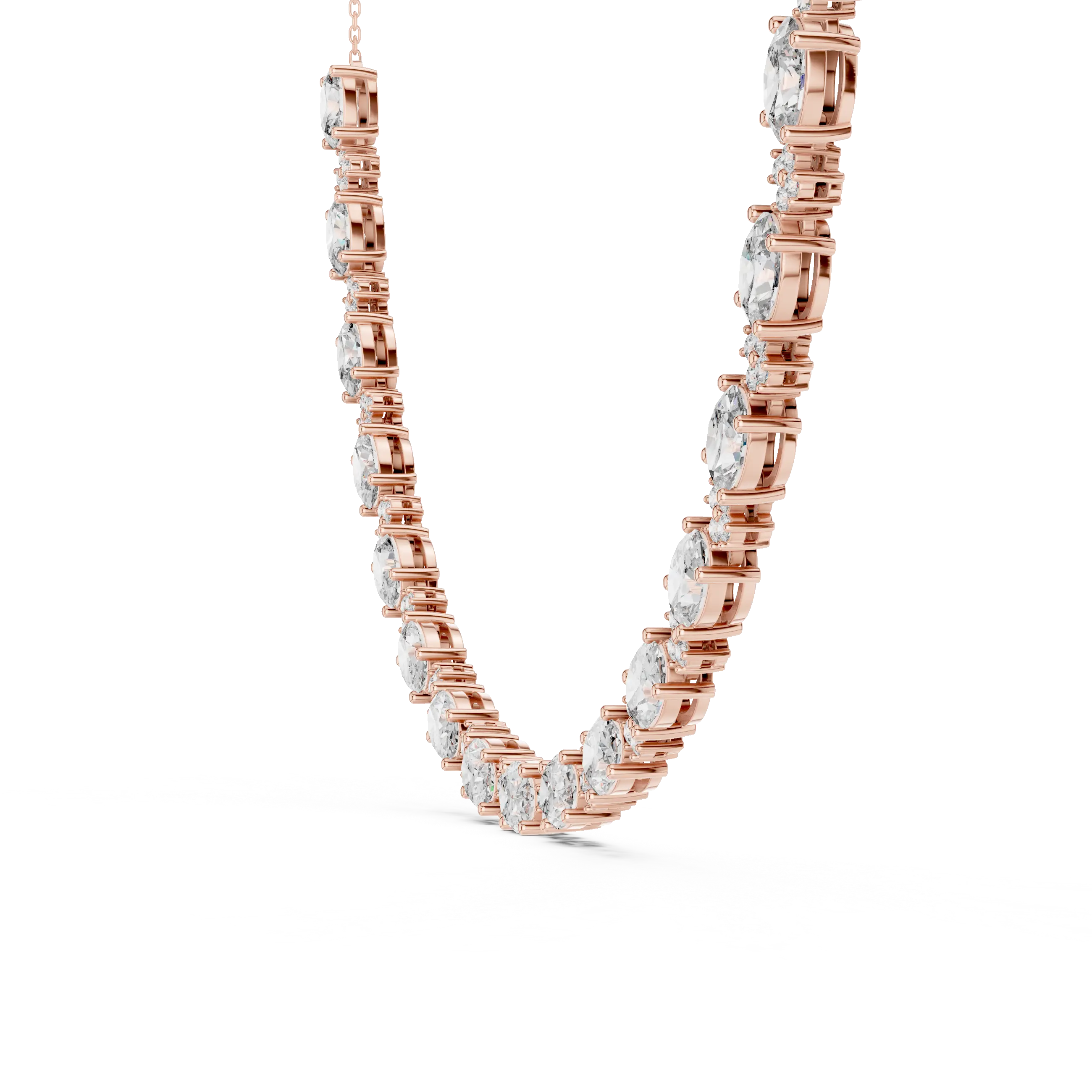 Rose gold necklace with diamonds on a white background