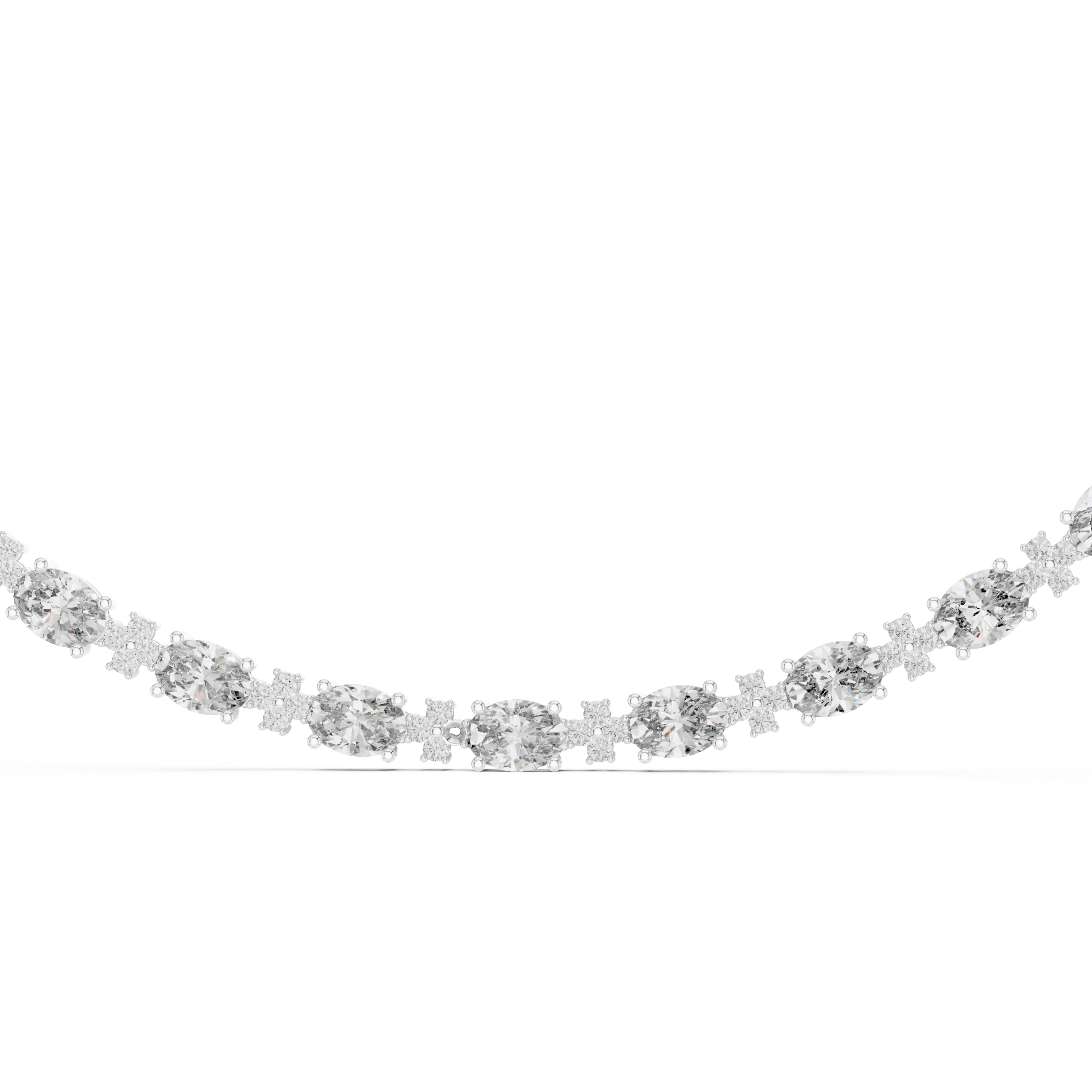Silver necklace with clear stones on a white background