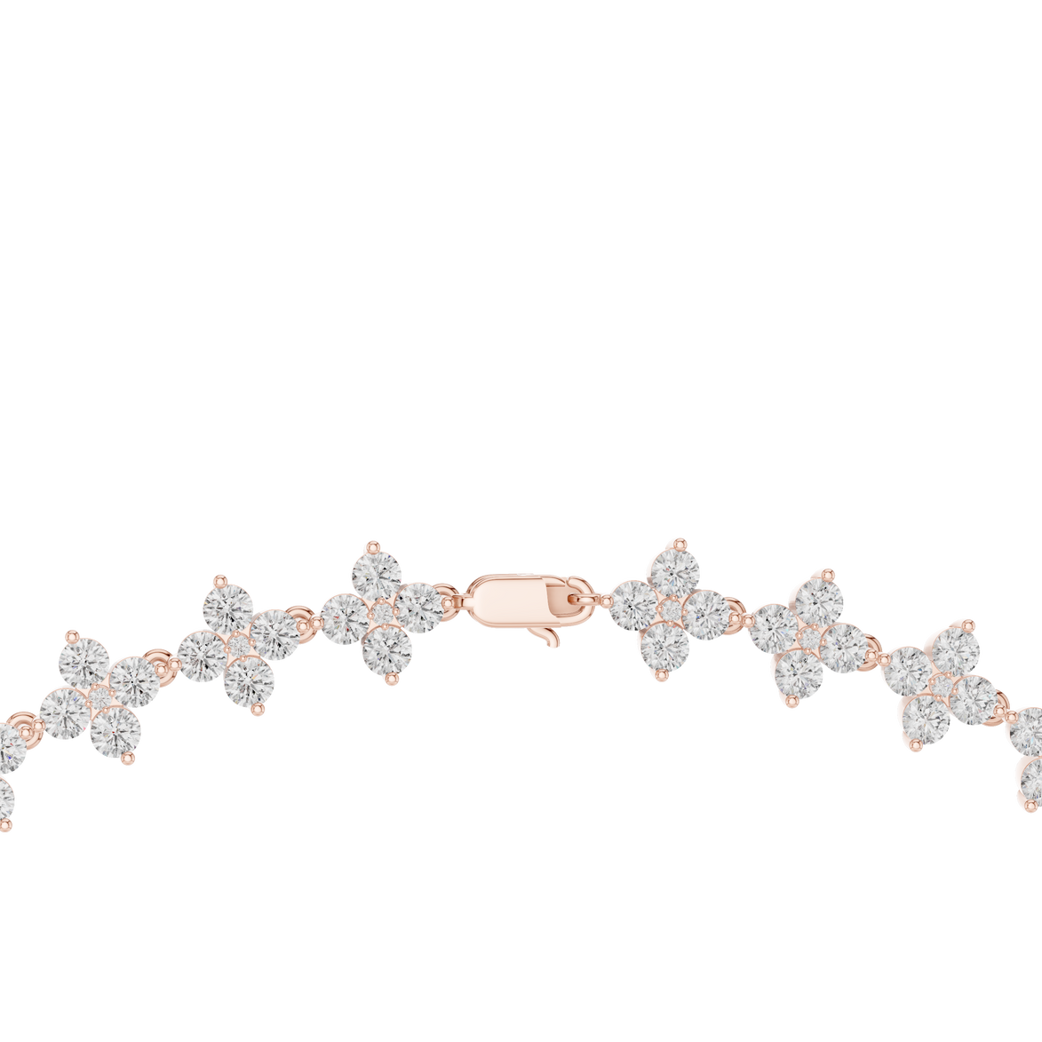 Butterfly-shaped bracelet with rose gold and clear stones on a white background