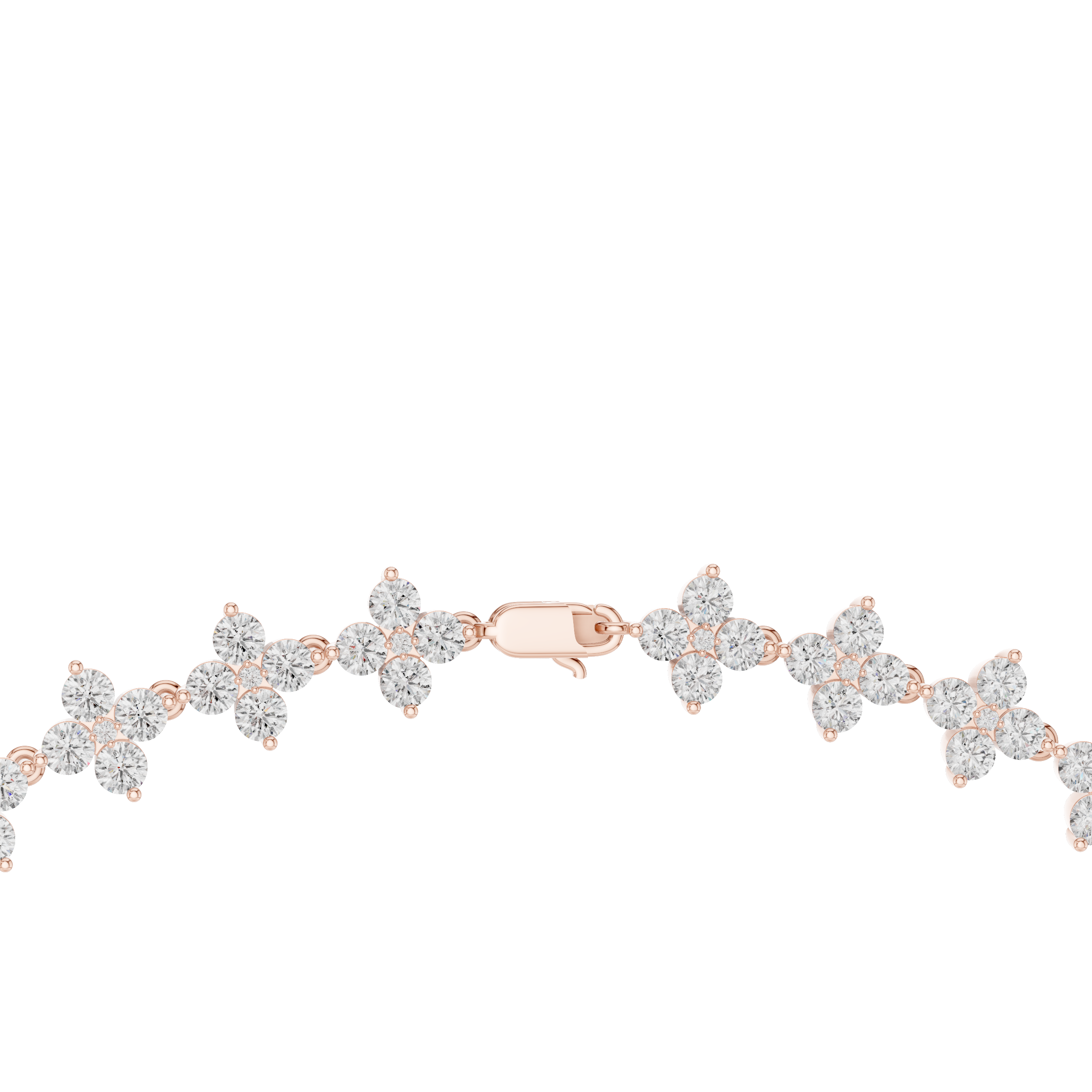 Butterfly-shaped bracelet with rose gold and clear stones on a white background