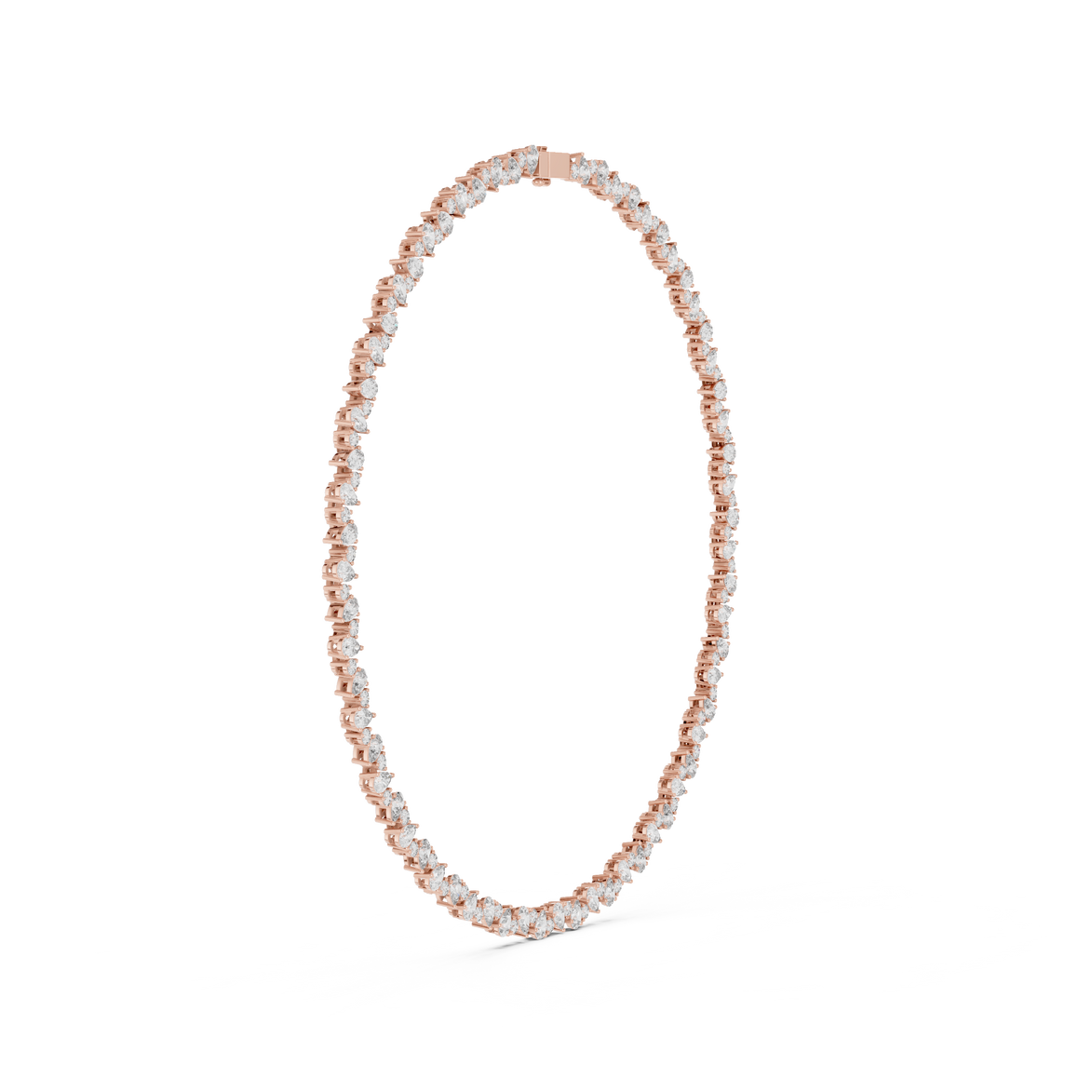Necklace with rose gold and clear stones on a white background
