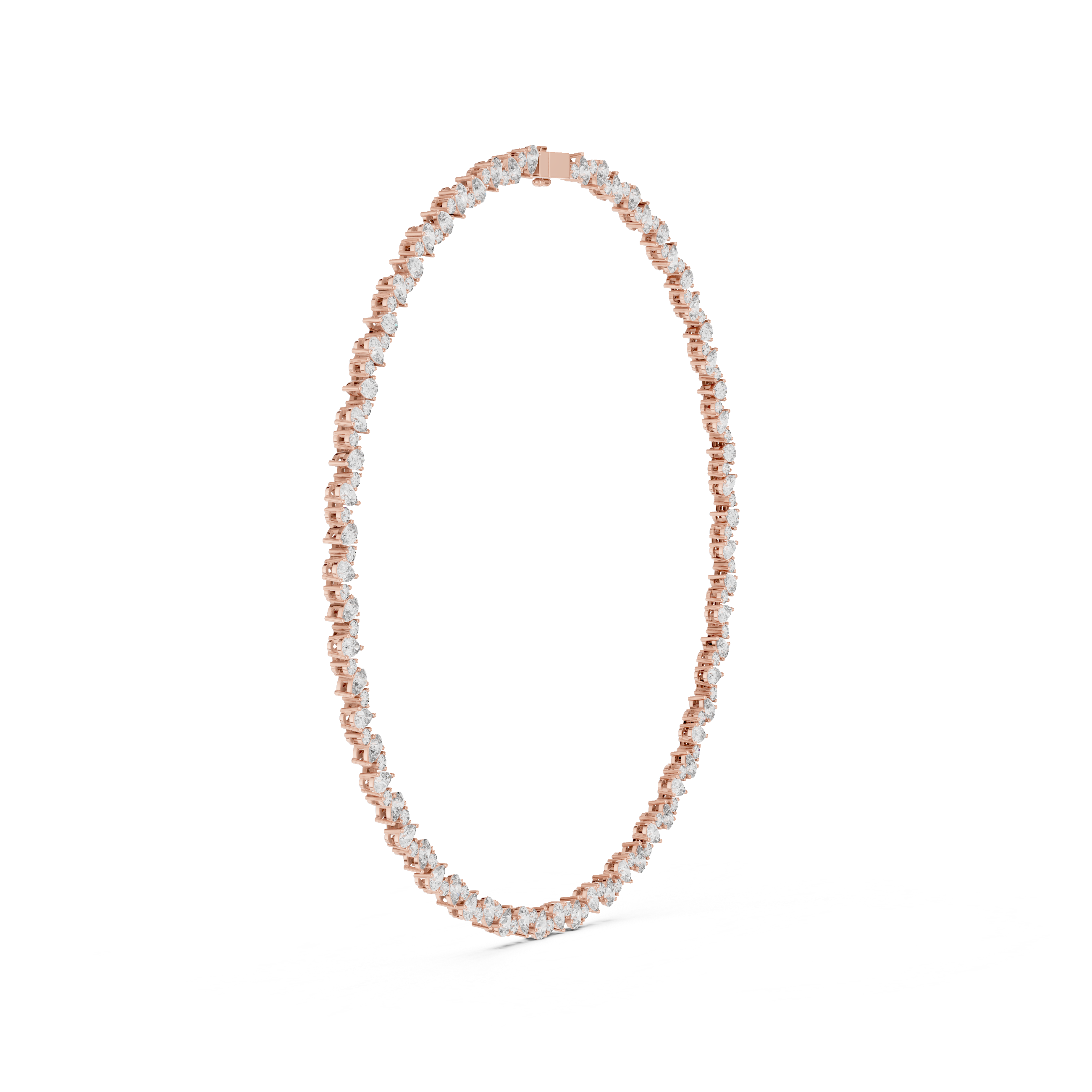 Necklace with rose gold and clear stones on a white background