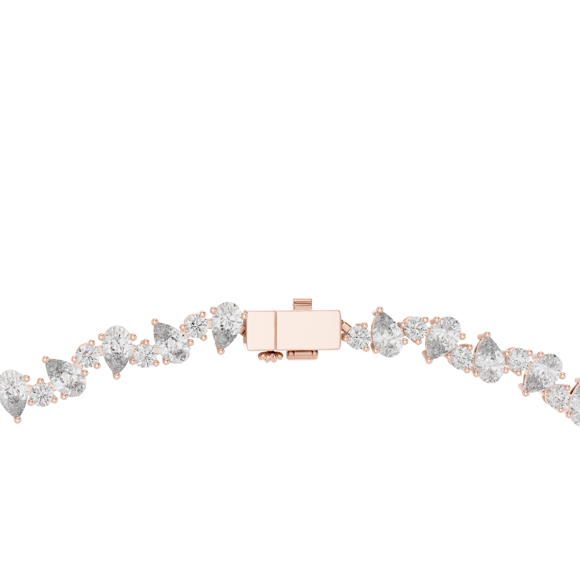 Rose gold bracelet with clear gemstones on a white background