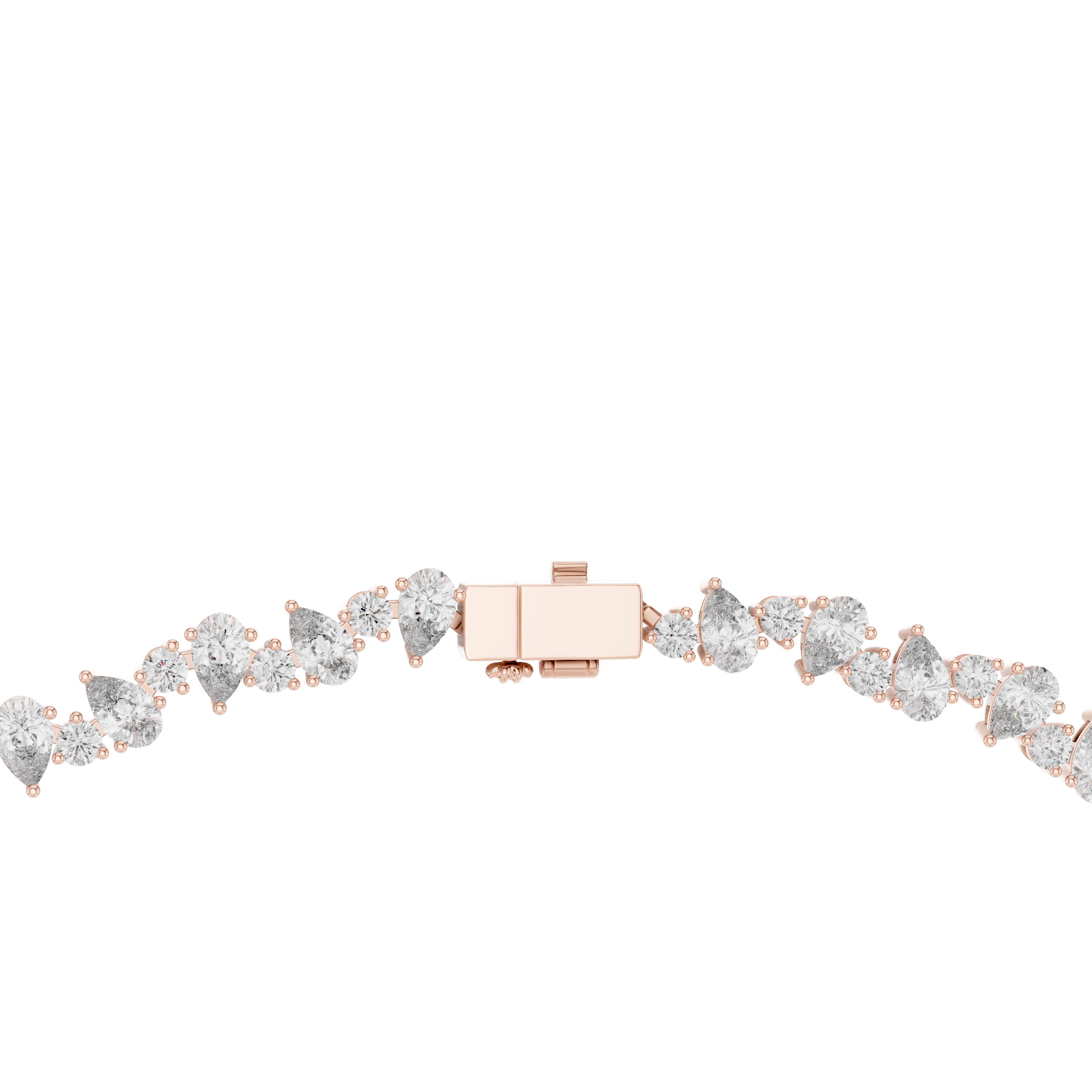 Rose gold bracelet with clear gemstones on a white background