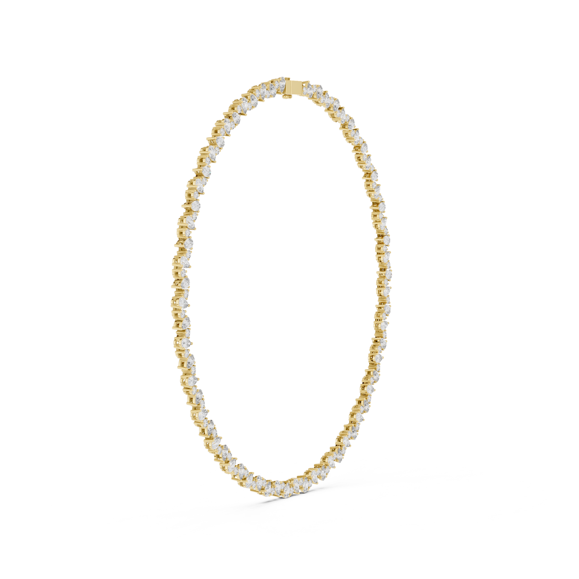 Gold necklace with clear stones on a white background