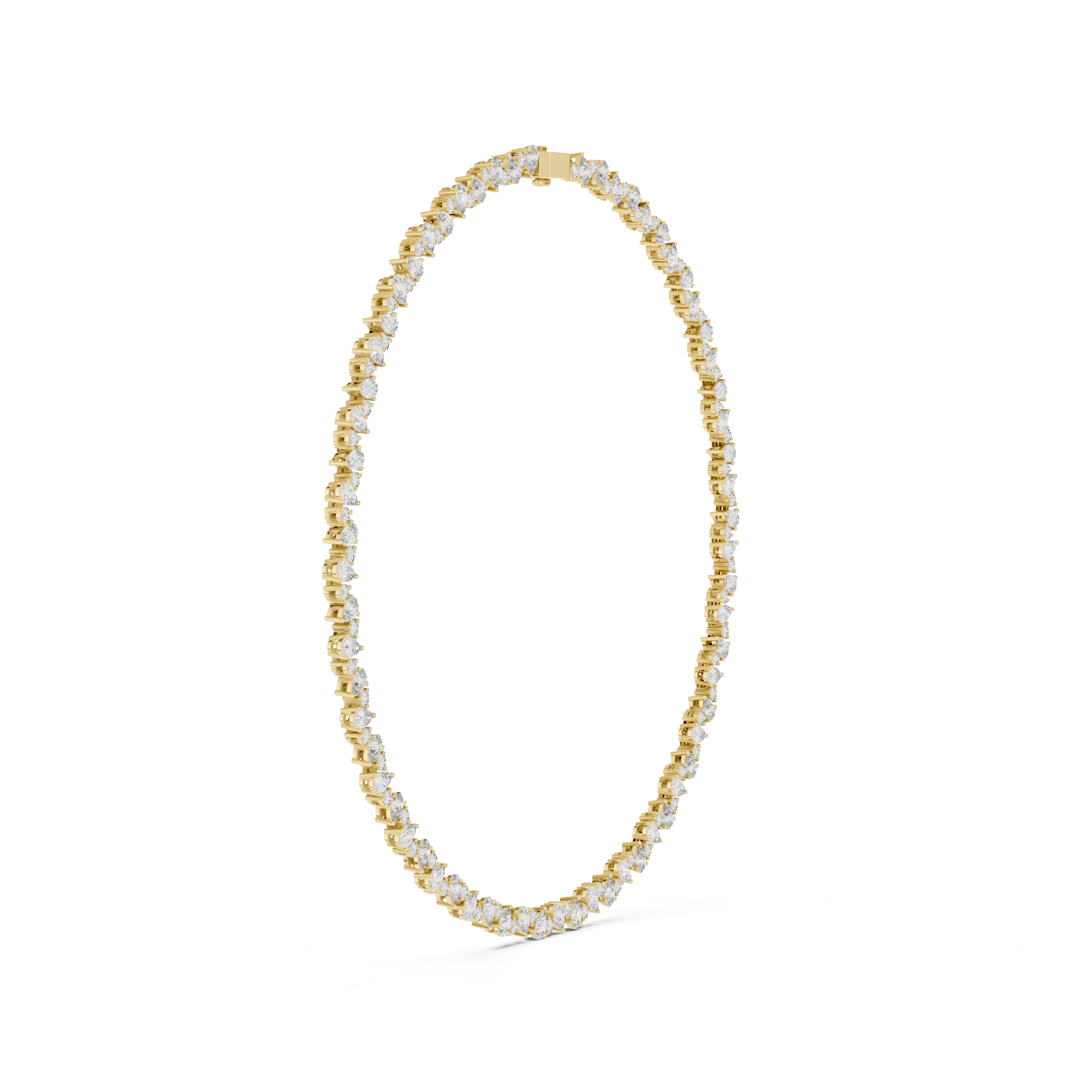 Gold necklace with clear stones on a white background