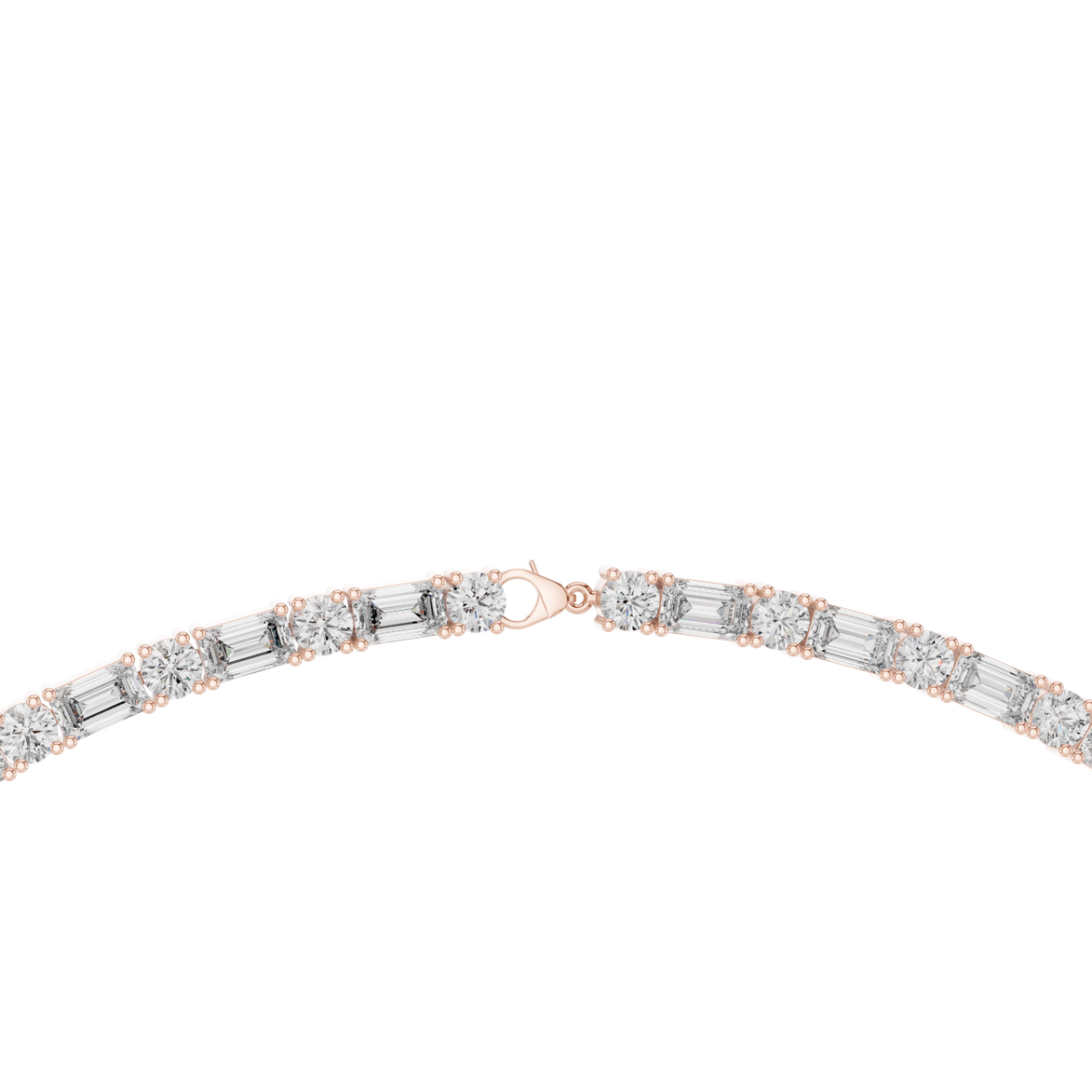 Diamond necklace with rose gold and white gold clasps on a white background