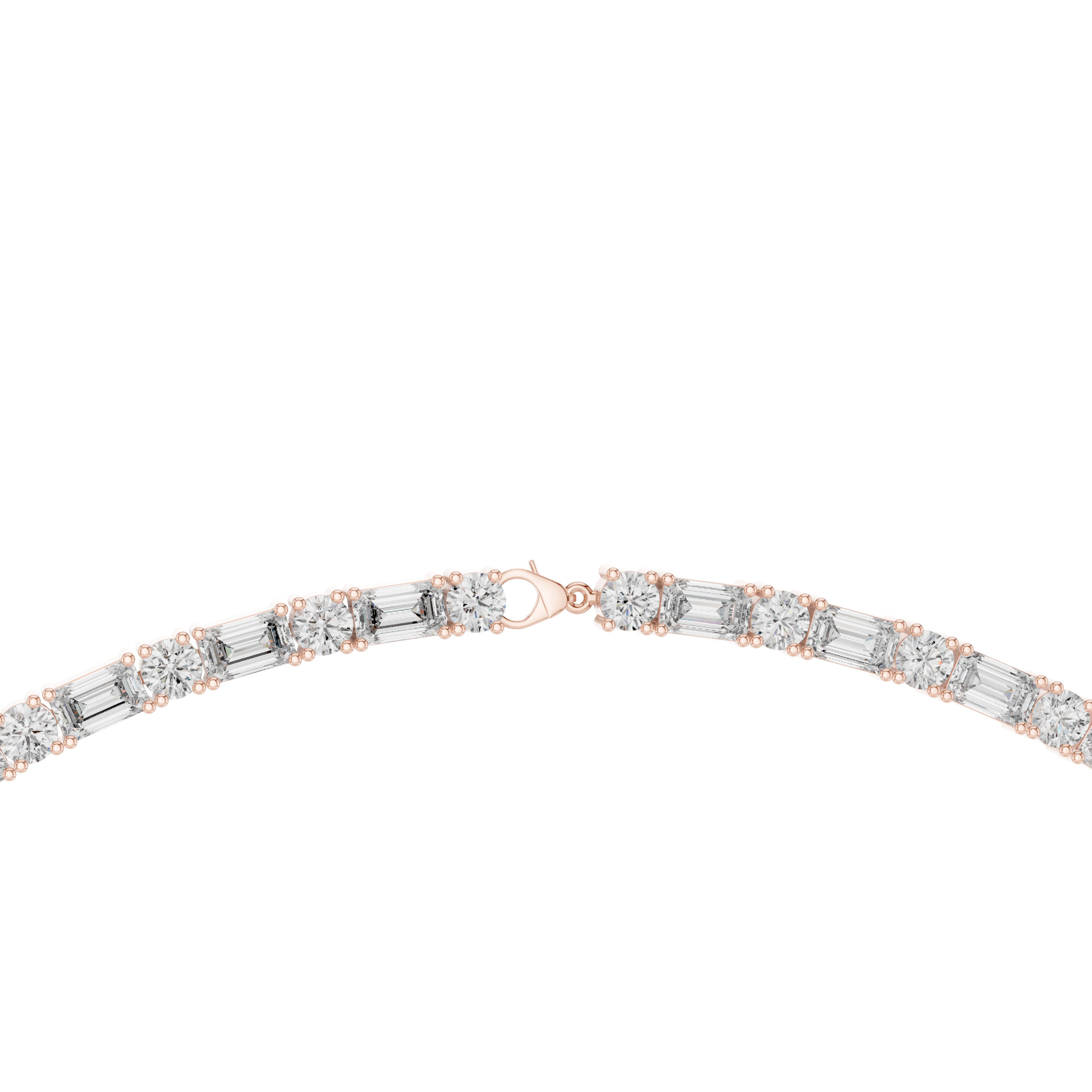 Diamond necklace with rose gold and white gold clasps on a white background