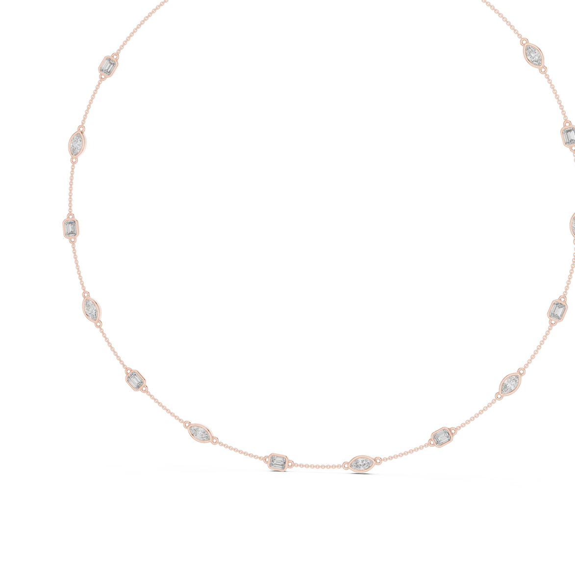 Rose gold necklace with small diamonds on a white background