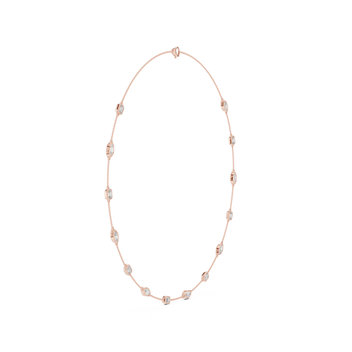 Rose gold necklace with small beads on a white background