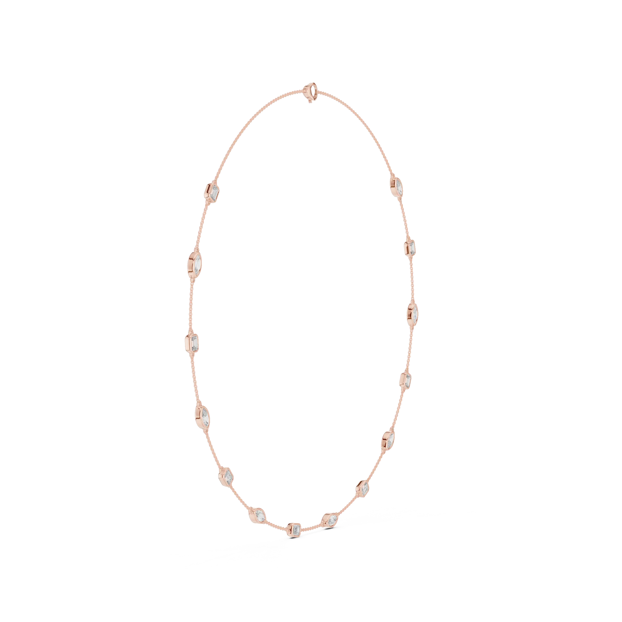 Rose gold necklace with small beads on a white background