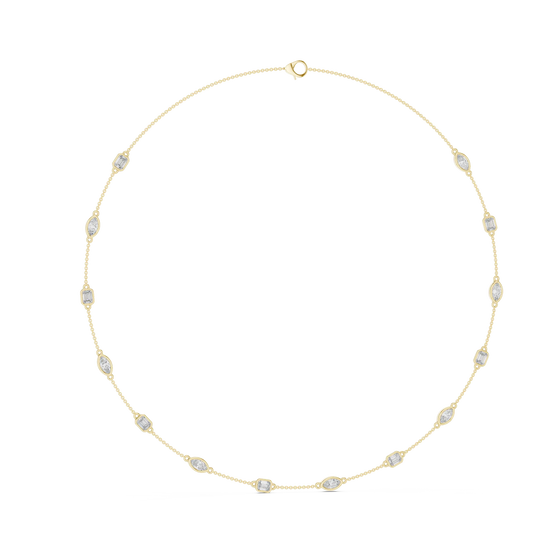Gold necklace with small diamonds on a white background