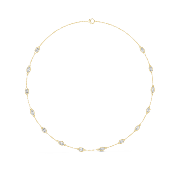 Gold necklace with small diamonds on a white background