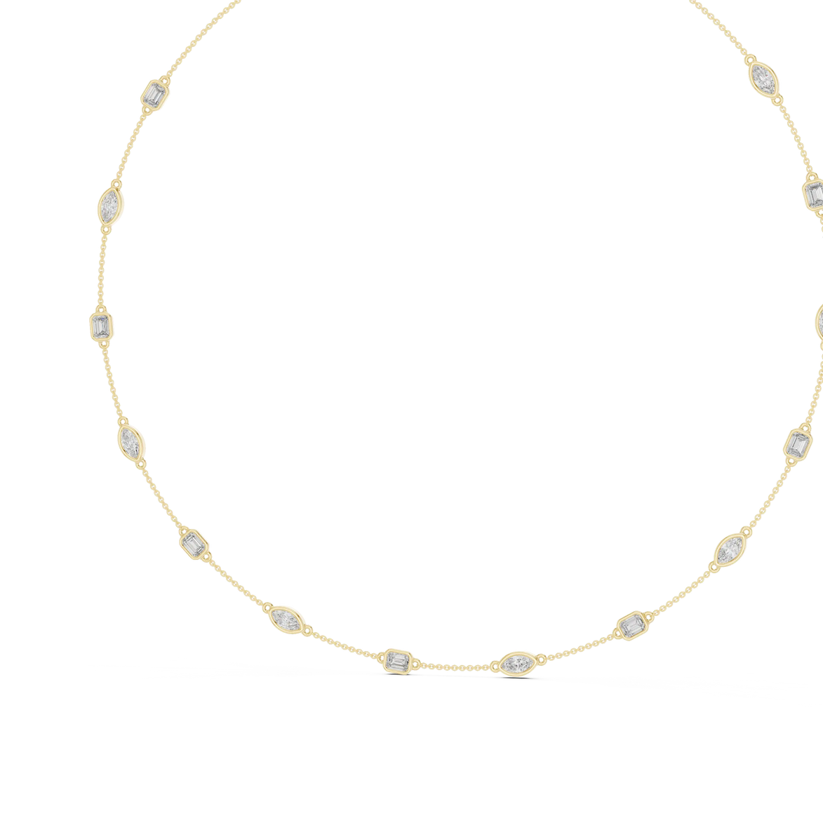 Gold necklace with small diamonds on a white background