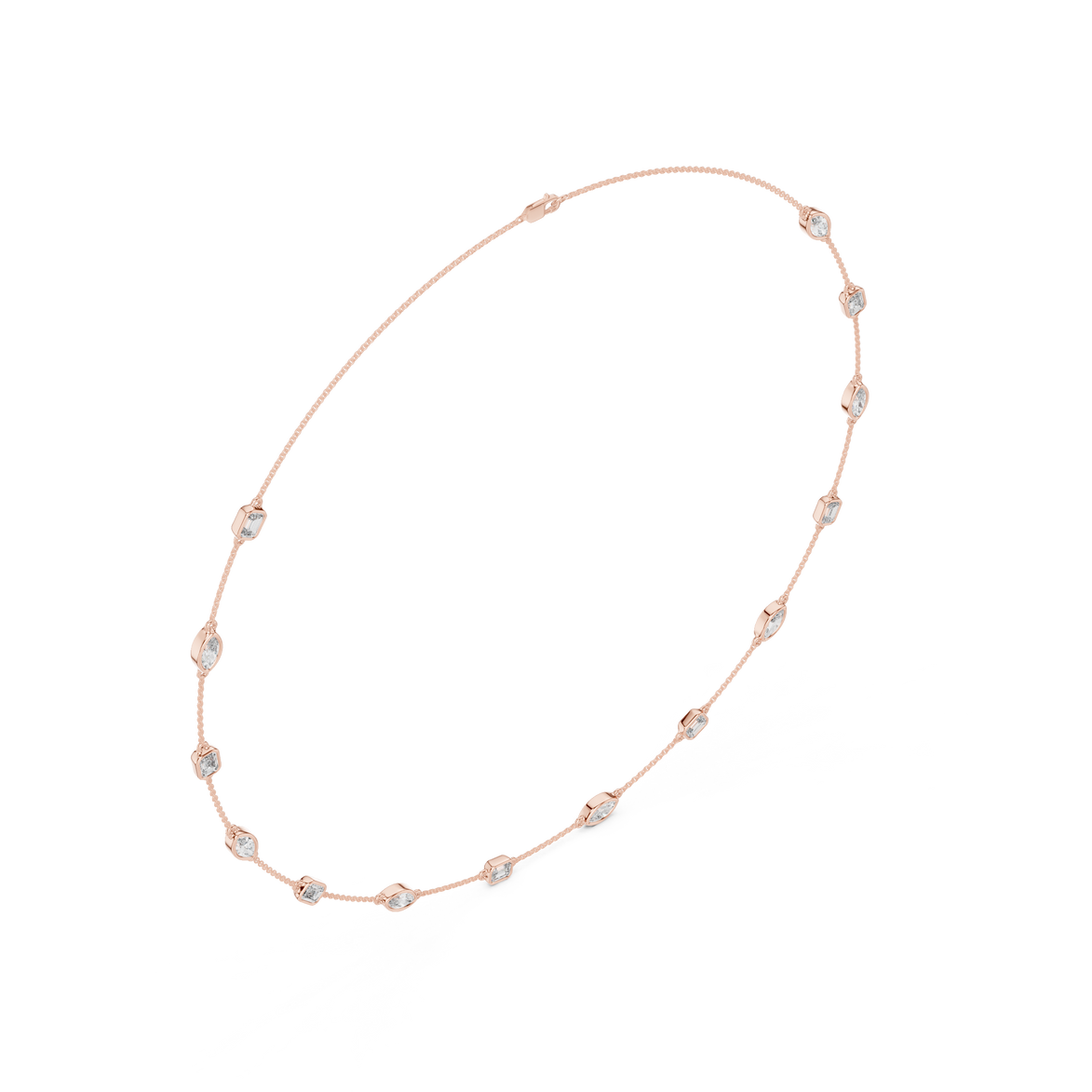 Rose gold necklace with small diamonds on a white background