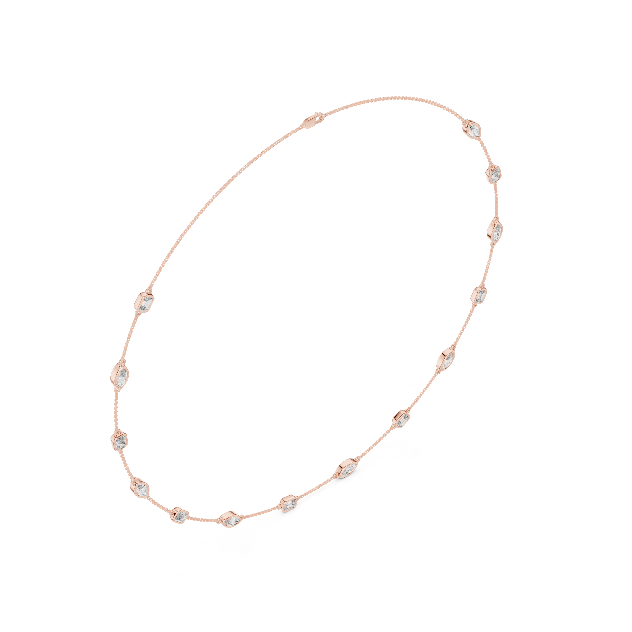 Rose gold necklace with small diamonds on a white background