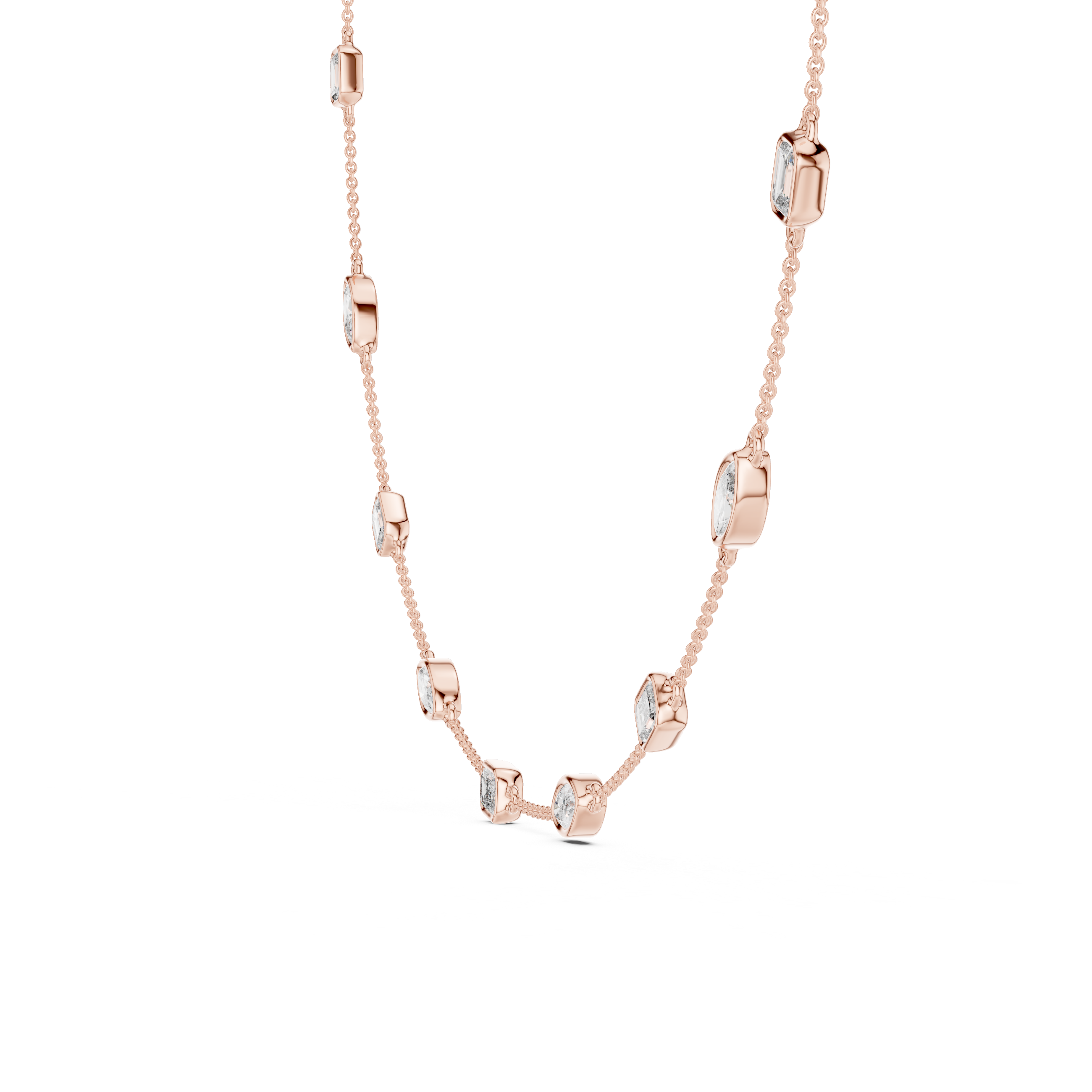 Rose gold necklace with diamond-like stones on a white background
