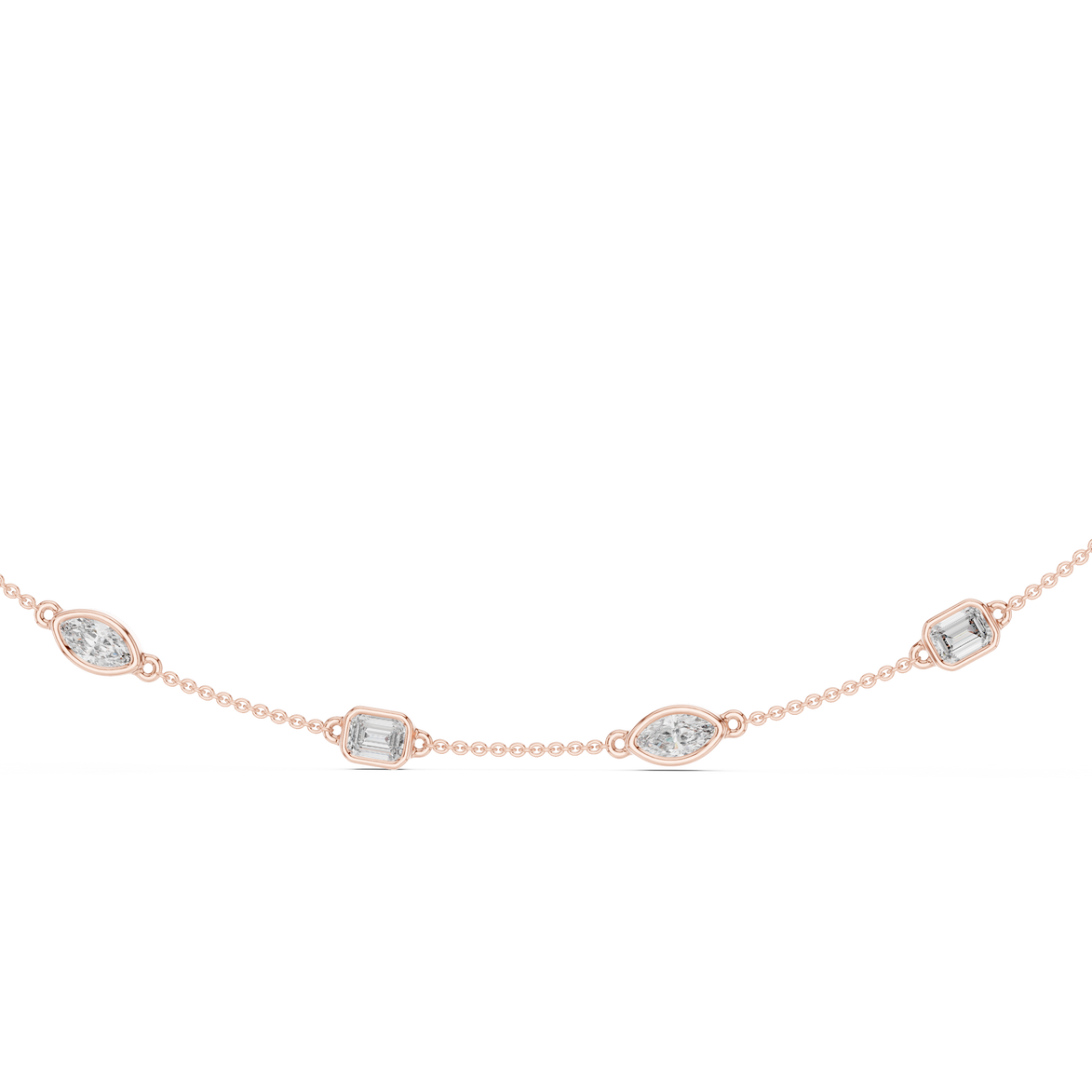 Rose gold necklace with diamonds on a white background