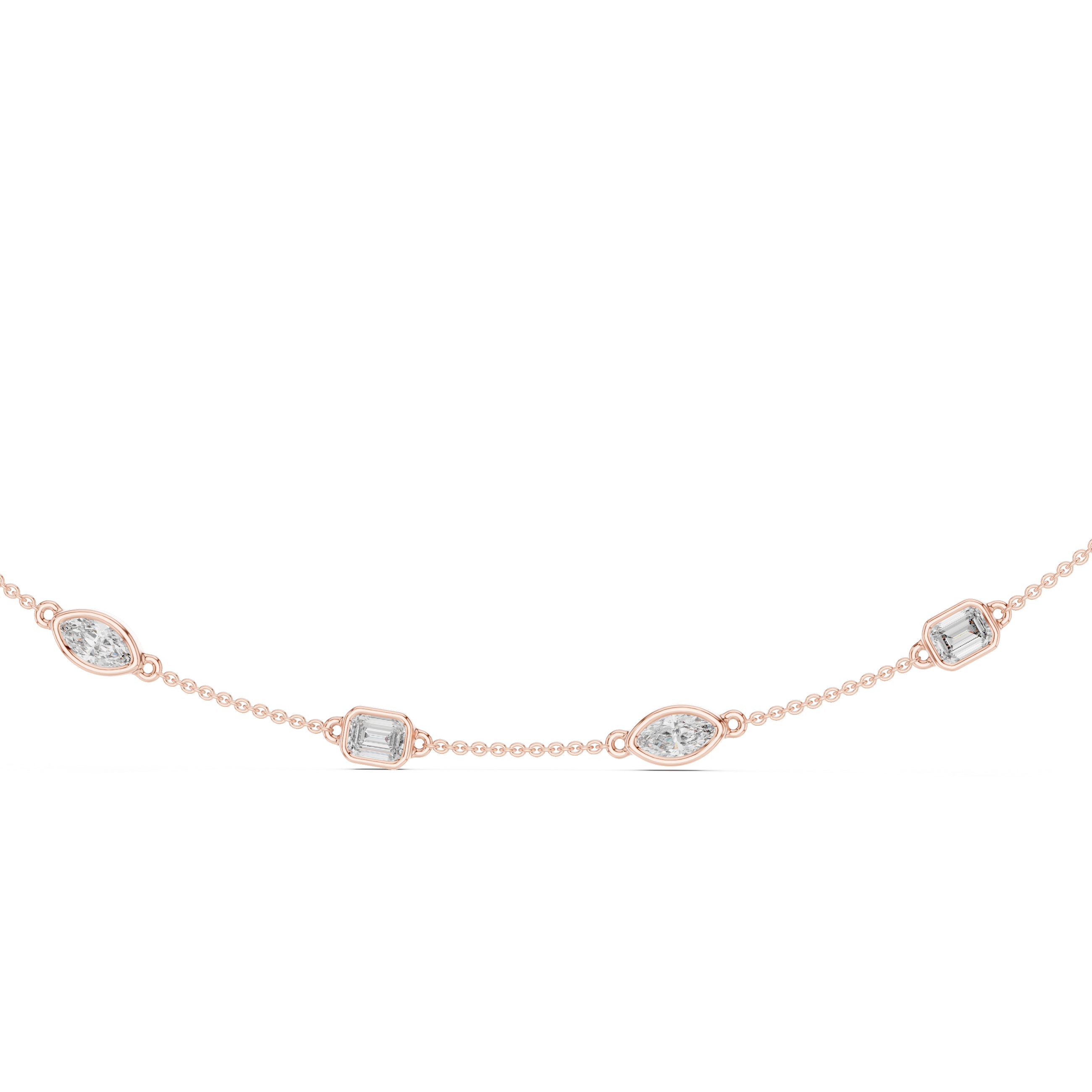 Rose gold necklace with diamonds on a white background