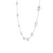 Silver necklace with various shaped pendants on a white background