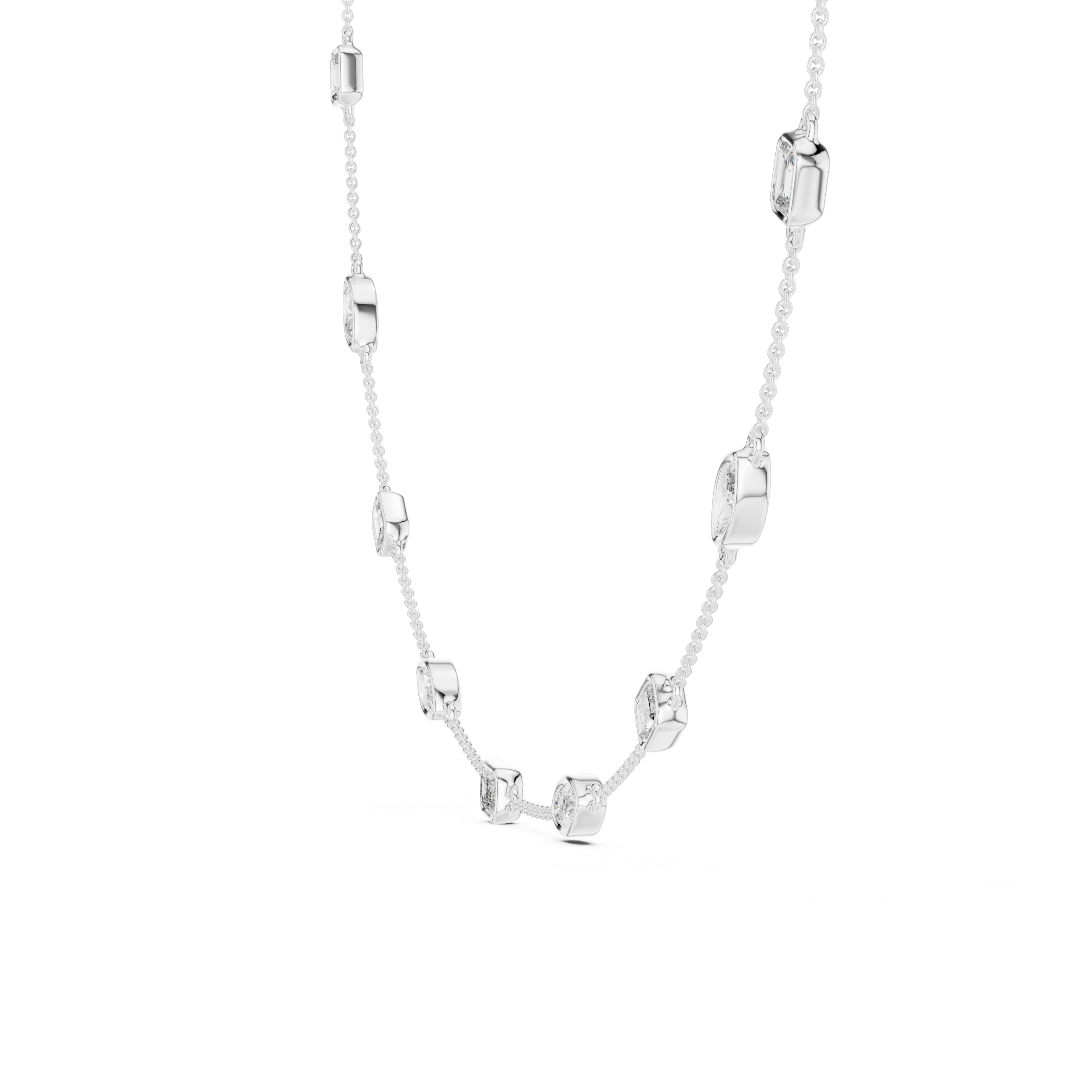 Silver necklace with various shaped pendants on a white background