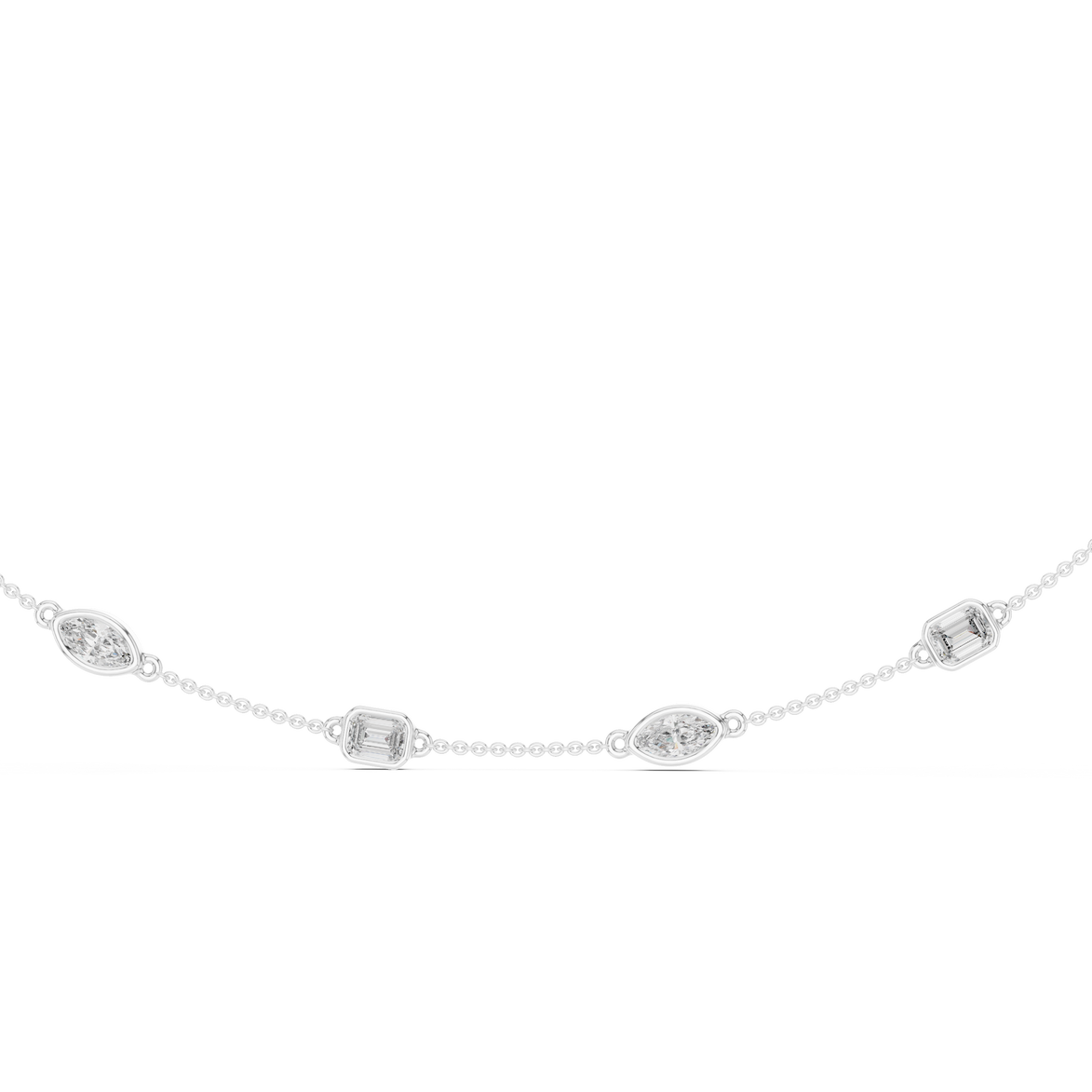 Delicate silver necklace with small circular pendants on a white background