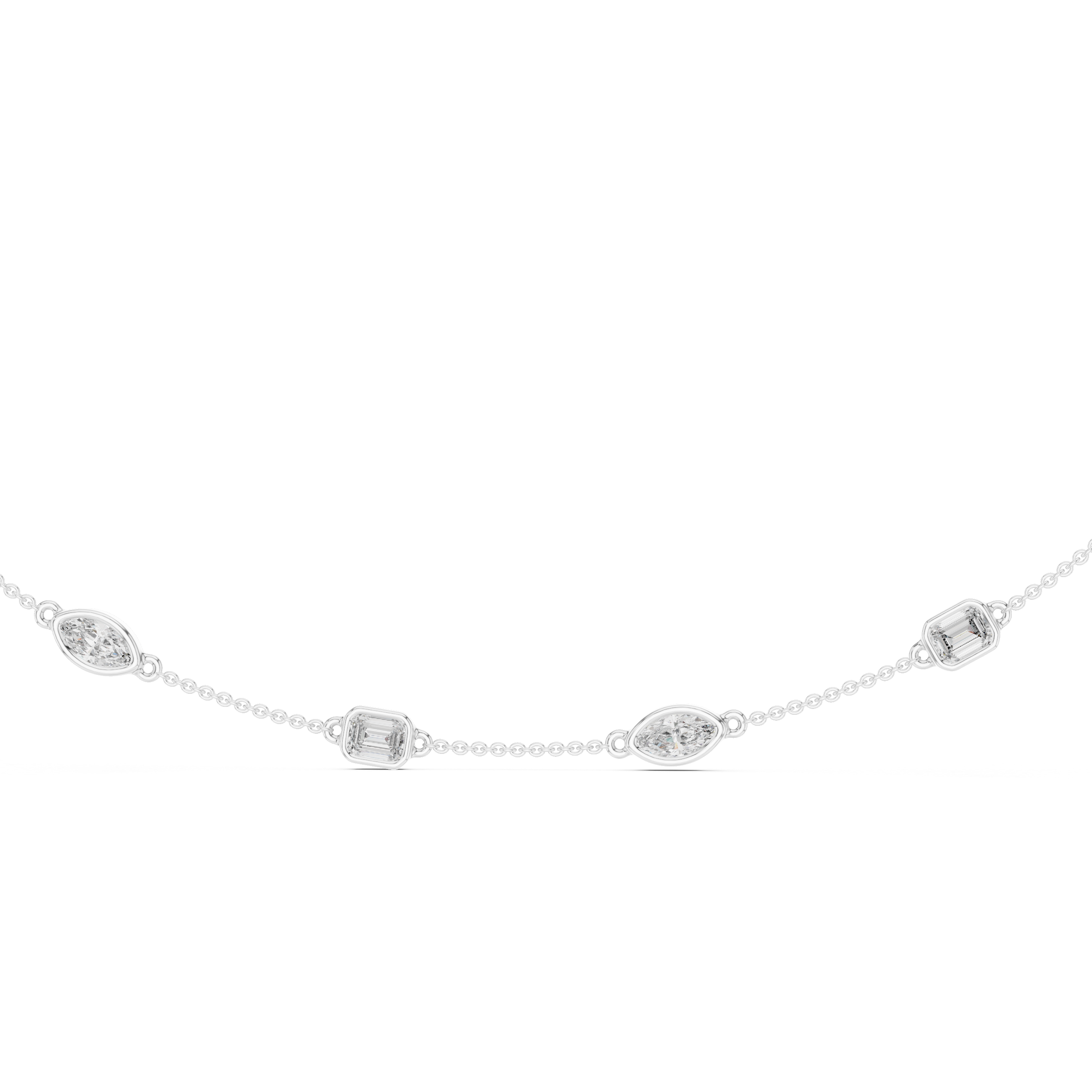 Delicate silver necklace with small circular pendants on a white background