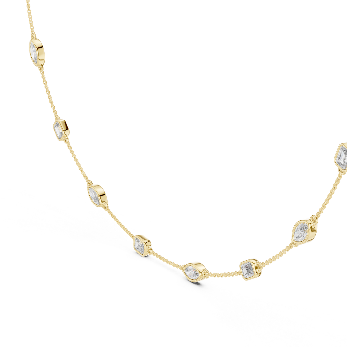 Gold necklace with diamond accents on a white background