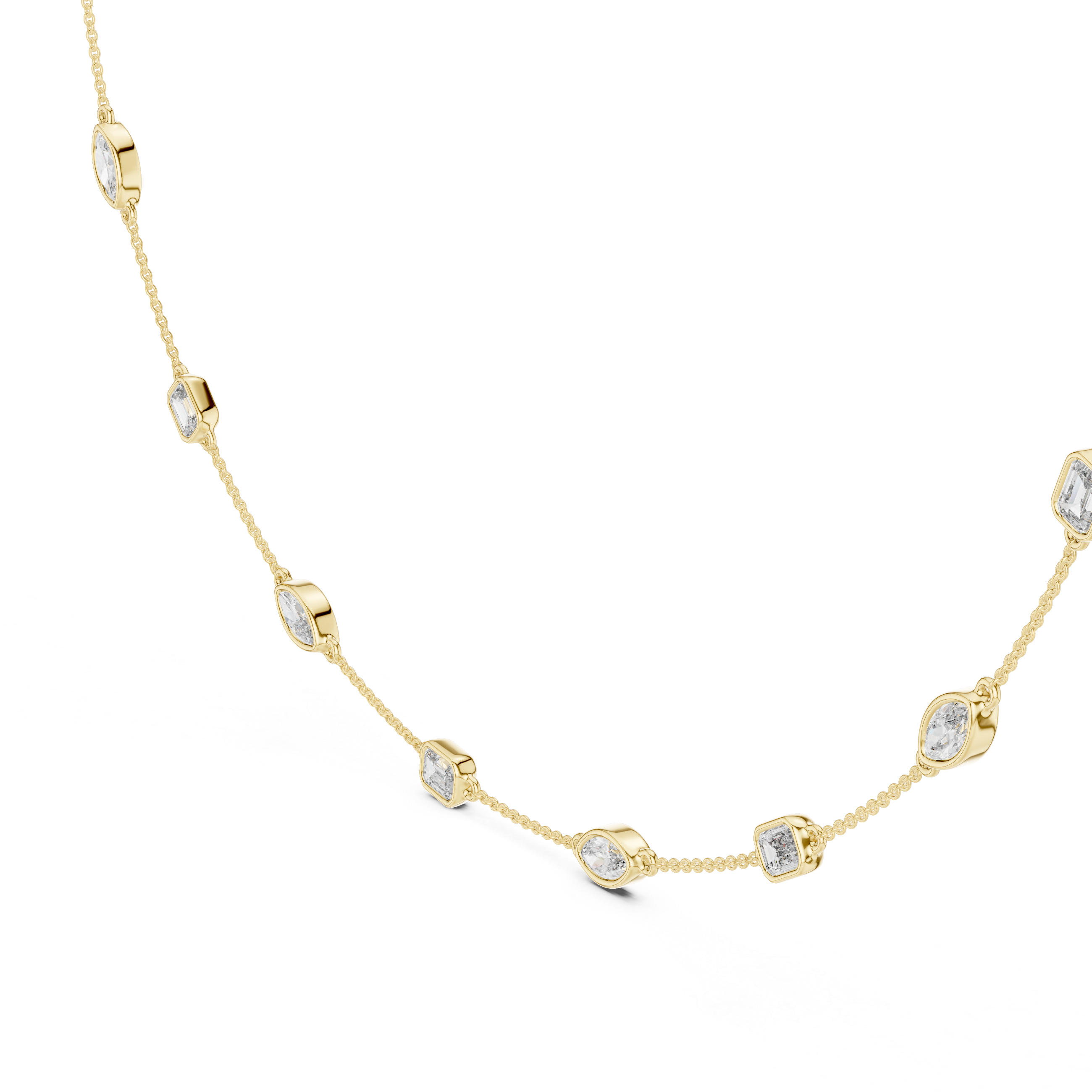 Gold necklace with diamond accents on a white background