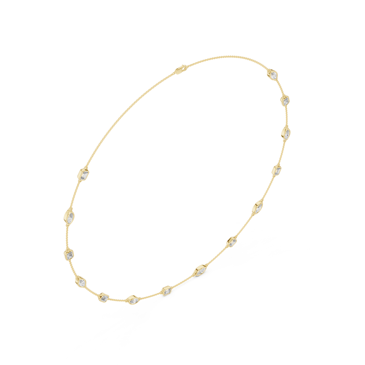 Gold necklace with small diamonds on a white background