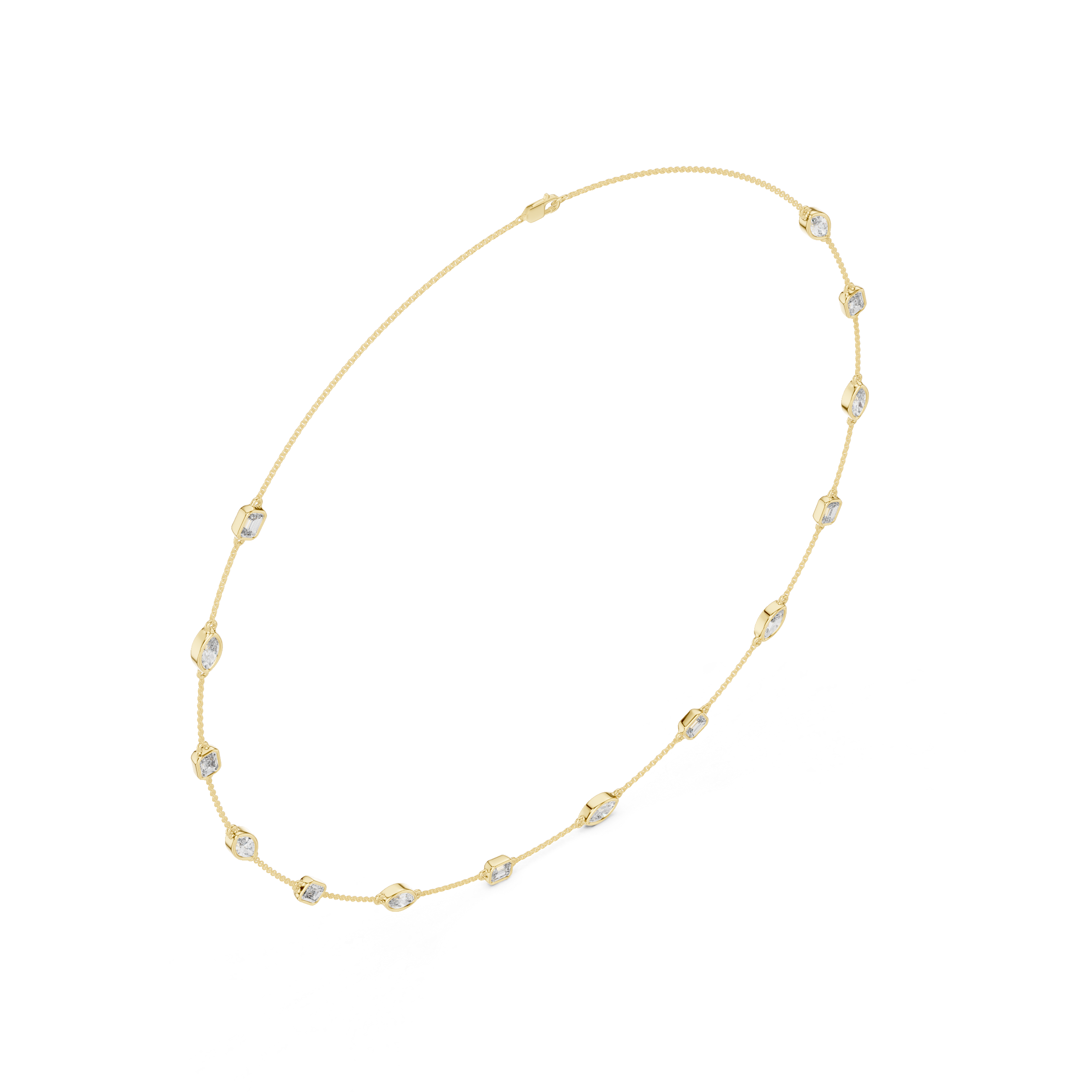 Gold necklace with small diamonds on a white background